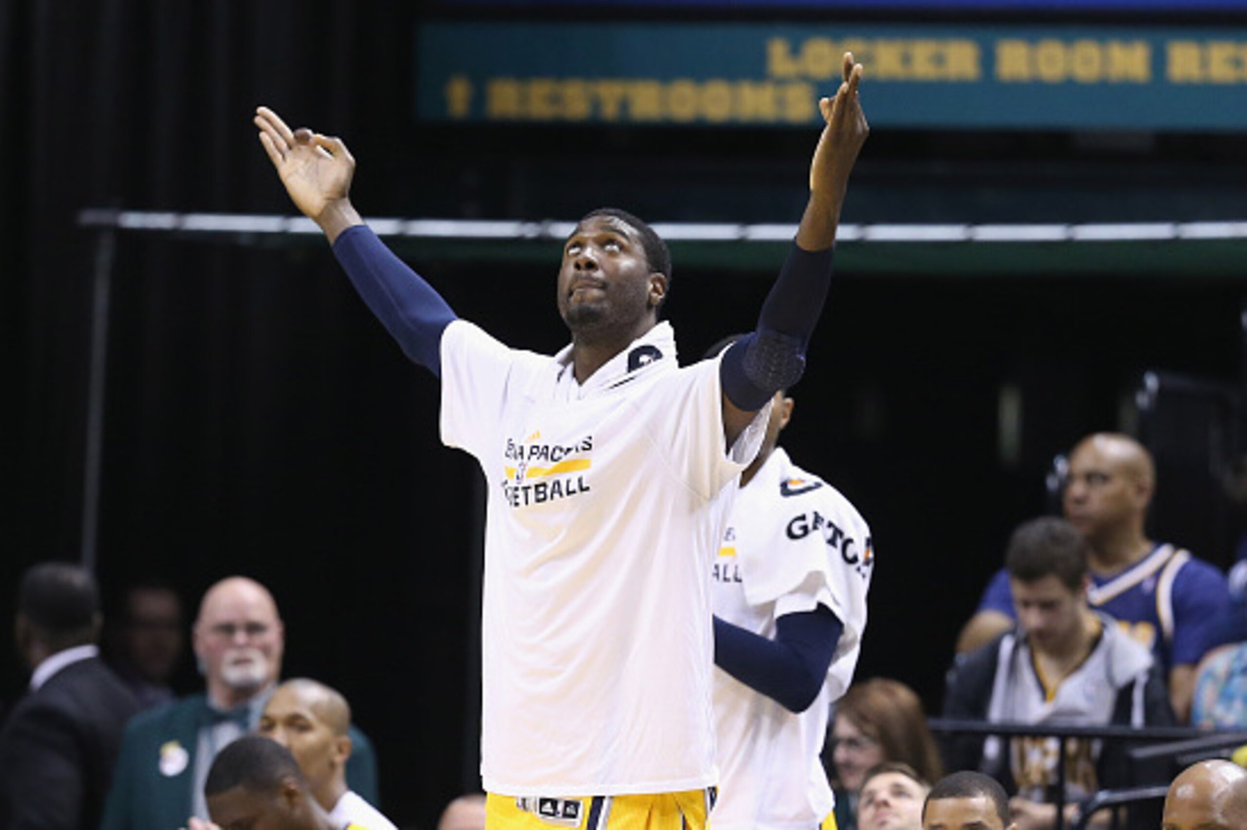 INDIANAPOLIS, IN - APRIL 05:  Roy Hibbert #55 of the Indiana Pacers celebrates in the game against the Miami Heat at Bankers Life Fieldhouse on April 5, 2015 in Indianapolis, Indiana.  Tonight is his first game this season .  NOTE TO USER: User expressly 
