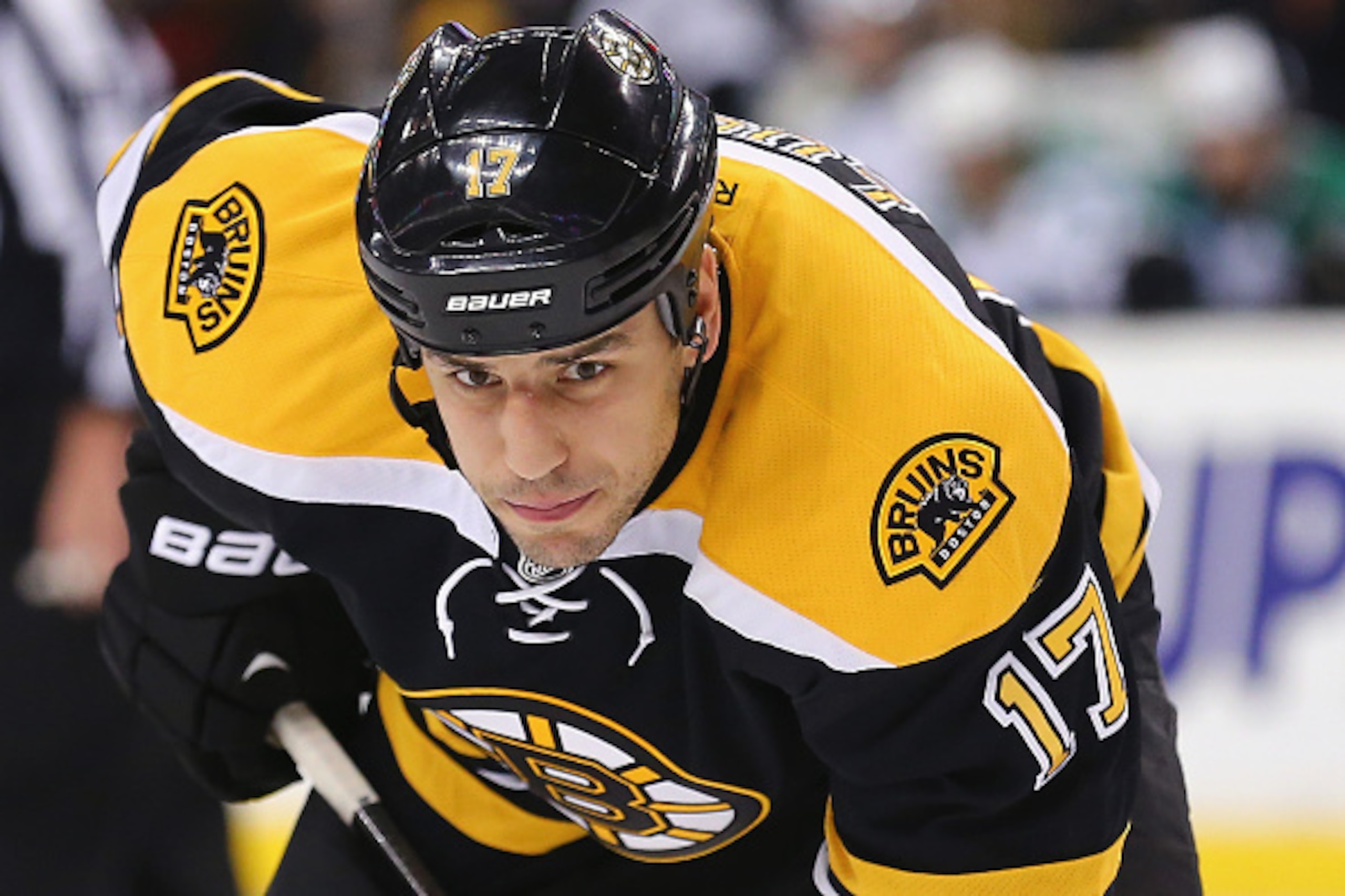 BOSTON, MA - FEBRUARY 10: Milan Lucic #17 of the Boston Bruins looks on during the game against the Dallas Stars at TD Garden on February 10, 2015 in Boston, Massachusetts.  (Photo by Maddie Meyer/Getty Images)