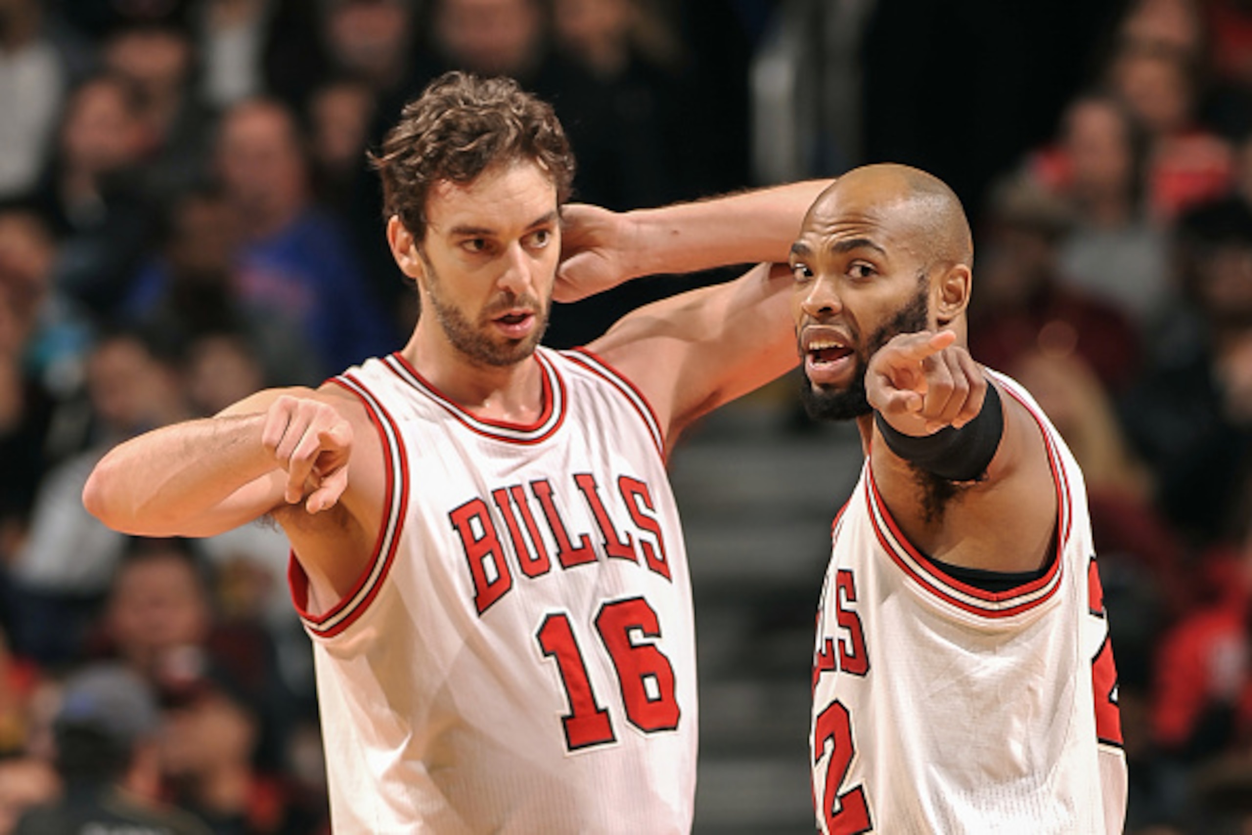 CHICAGO, IL - NOVEMBER 8: Taj Gibson #22 and Pau Gasol #16 of the Chicago Bulls talk in between play against the Boston Celtics on November 08, 2014 at the United Center in Chicago, Illinois. NOTE TO USER: User expressly acknowledges and agrees that, by d