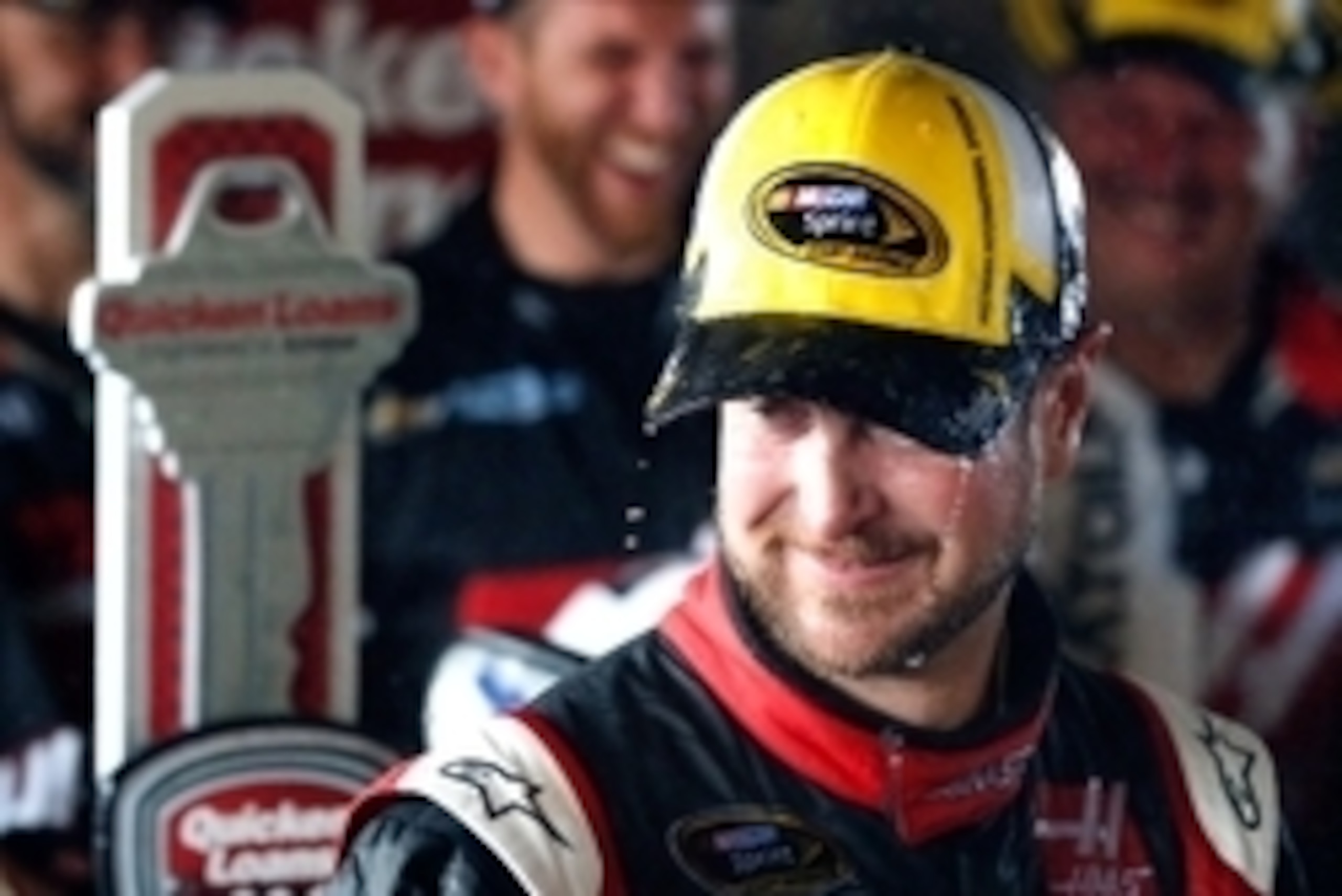 Jun 14, 2015; Brooklyn, MI, USA; Sprint Cup Series driver Kurt Busch (41) celebrates in victory lane after winning the Quicken Loans 400 at Michigan International Speedway. Mandatory Credit: Aaron Doster-USA TODAY Sports