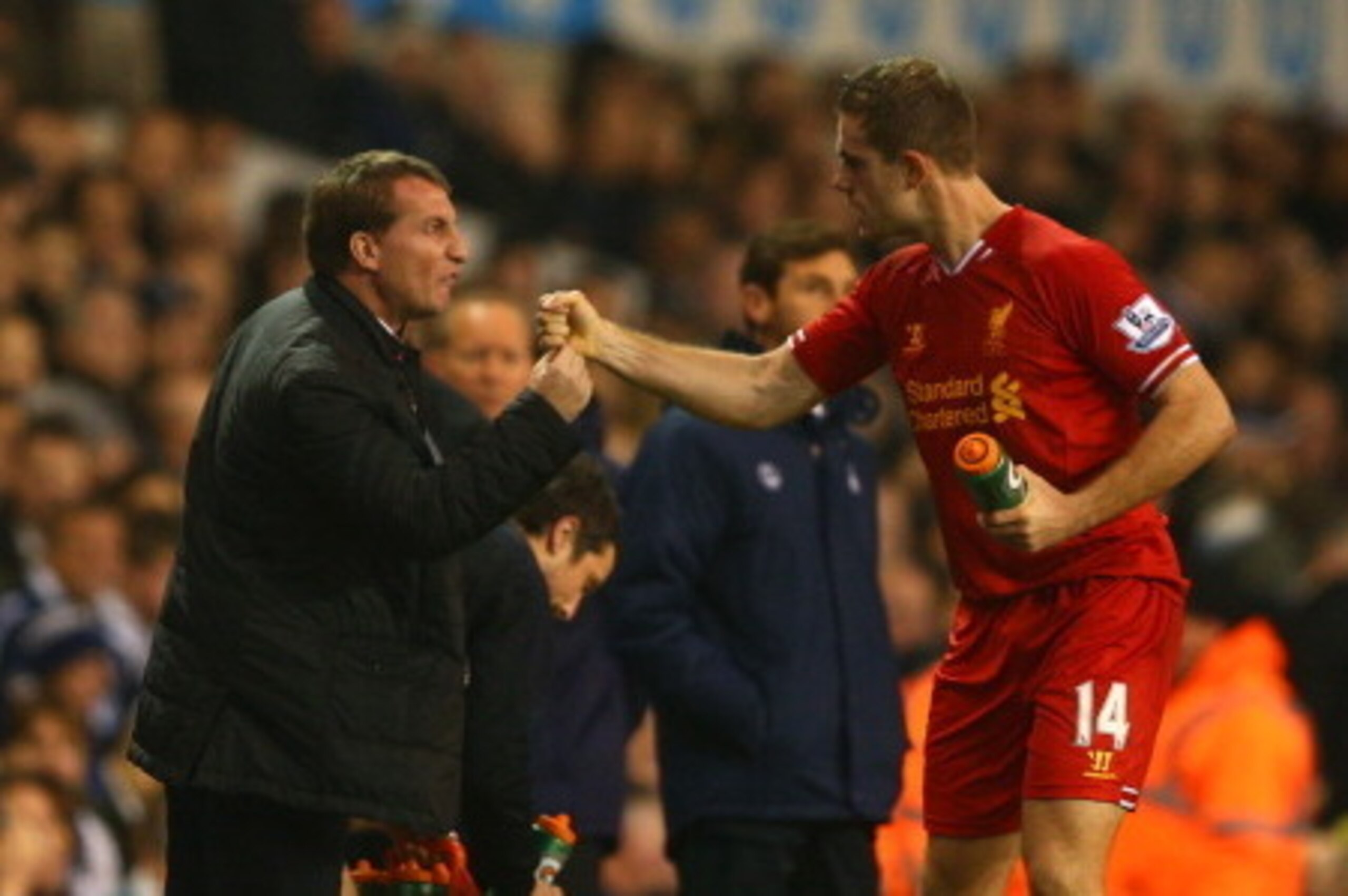 LONDON, ENGLAND - DECEMBER 15:  Manager Brendan Rodgers of Liverpool congratulates Jordan Henderson of Liverpool on scoring their second goal during the Barclays Premier League match between Tottenham Hotspur and Liverpool at White Hart Lane on December 1