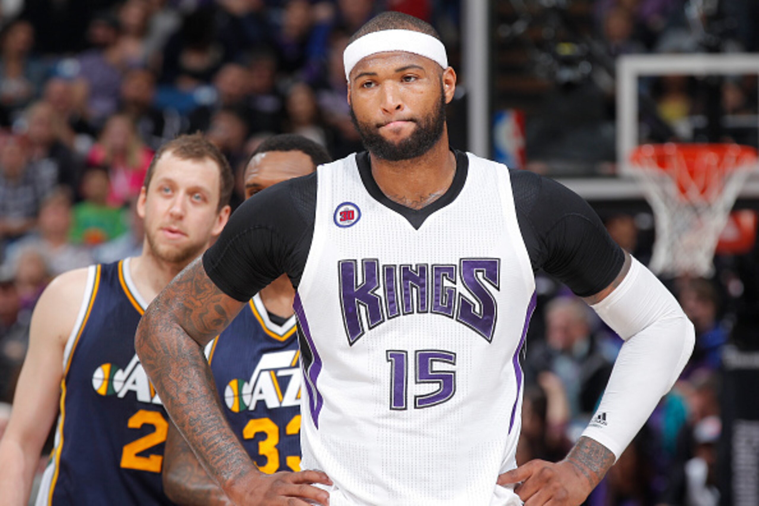 SACRAMENTO, CA - APRIL 5: DeMarcus Cousins #15 of the Sacramento Kings looks on during the game against the Utah Jazz on April 5, 2015 at Sleep Train Arena in Sacramento, California. NOTE TO USER: User expressly acknowledges and agrees that, by downloadin