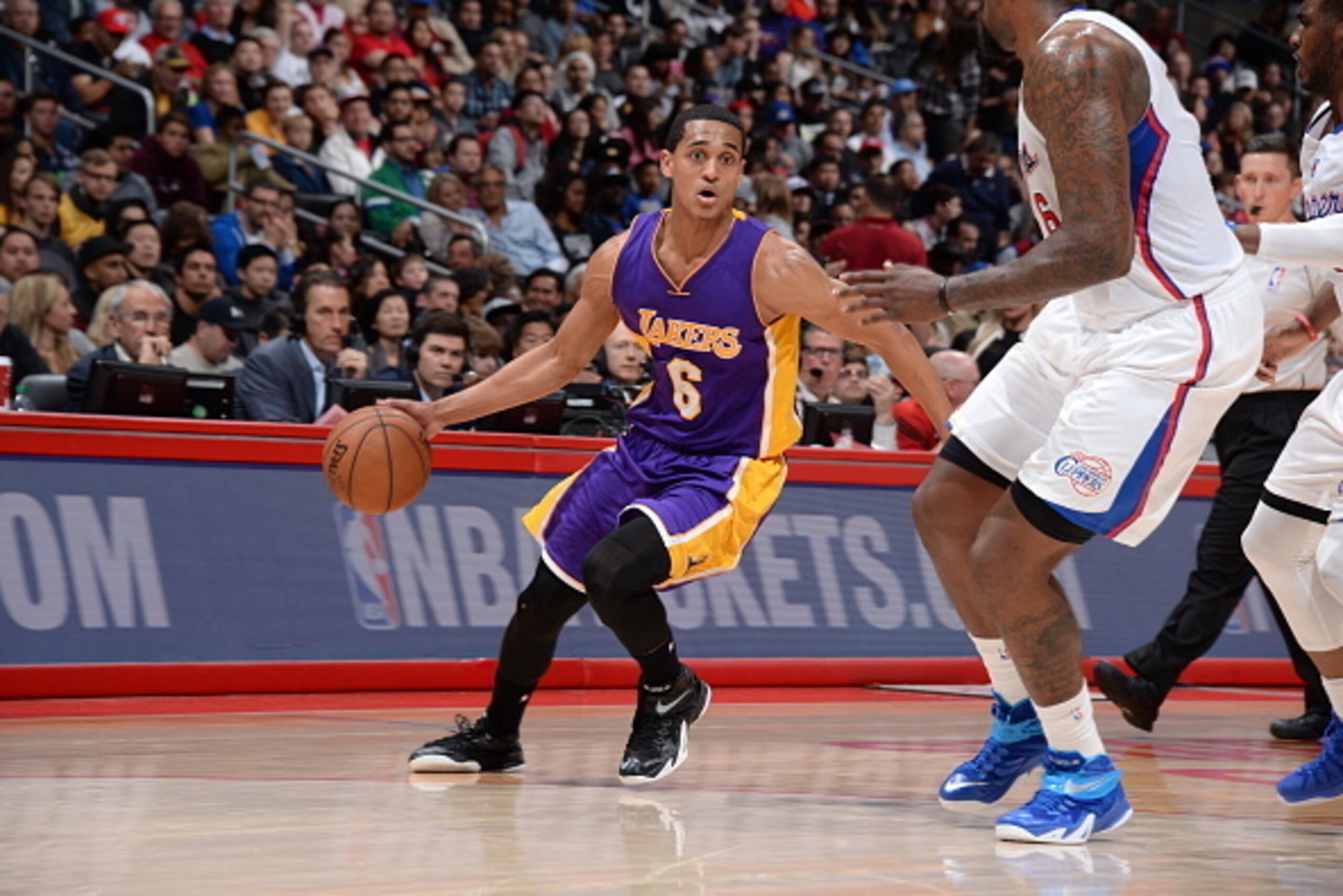 LOS ANGELES, CA - APRIL 7:  Jordan Clarkson #6 of the Los Angeles Lakers handles the ball against the Los Angeles Clippers on April 7, 2015 at Staples Center in Los Angeles, California. NOTE TO USER: User expressly acknowledges and agrees that, by downloa