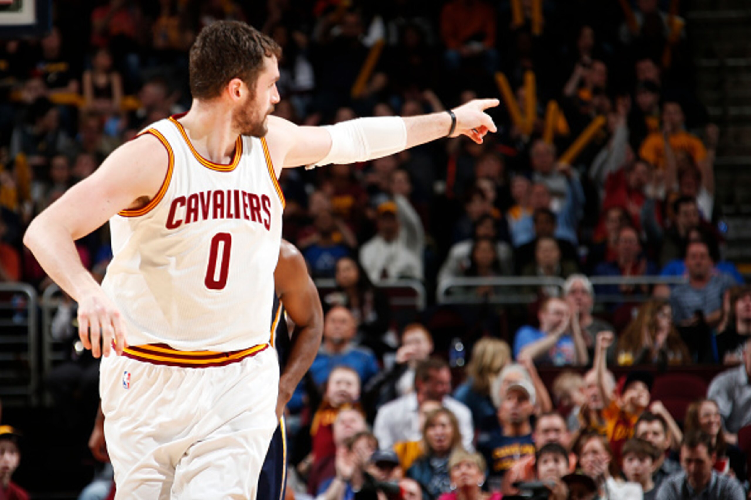 CLEVELAND, OH - MARCH 20: Kevin Love #0 of the Cleveland Cavaliers during the game against the Indiana Pacers at The Quicken Loans Arena on March 20, 2015 in Cleveland, Ohio. NOTE TO USER: User expressly acknowledges and agrees that, by downloading and/or