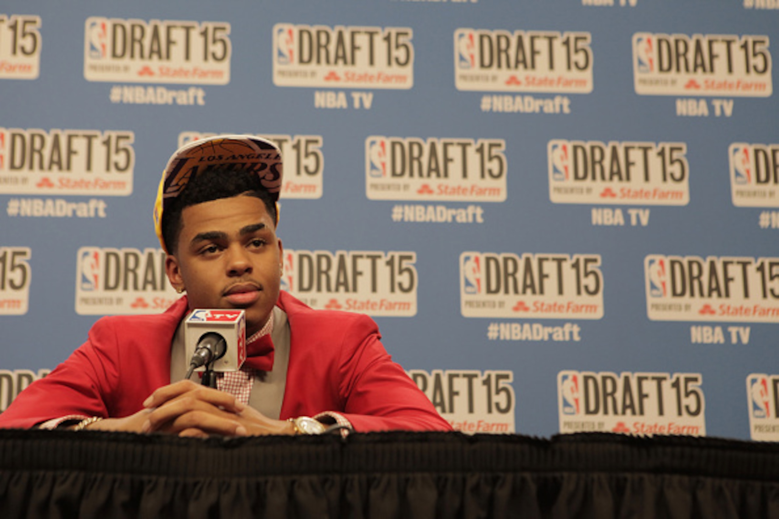 BROOKLYN, NY - JUNE 25:  D'Angelo Russell, the second overall pick of the NBA Draft by the Los Angeles Lakers, speaks at a press conference during the 2015 NBA Draft on June 25, 2015 at Barclays Center in Brooklyn, New York. NOTE TO USER: User expressly a