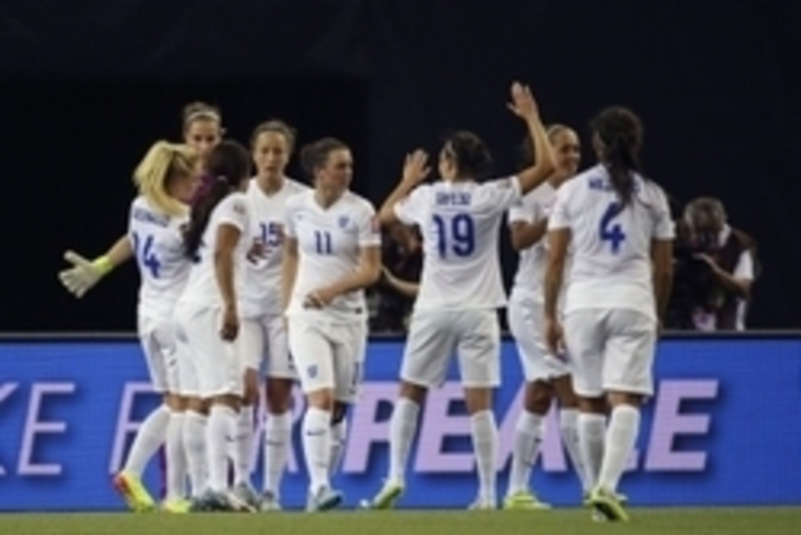 Jun 17, 2015; Montreal, Quebec, CAN; England players celebrate the victory against Colombia in a Group F soccer match in the 2015 FIFA women's World Cup at Olympic Stadium. Mandatory Credit: Jean-Yves Ahern-USA TODAY Sports Jun 17, 2015; Montreal, Quebec, CAN; England players celebrate the victory against Colombia in a Group F soccer match in the 2015 FIFA women's World Cup at Olympic Stadium. Mandatory Credit: Jean-Yves Ahern-USA TODAY Sports