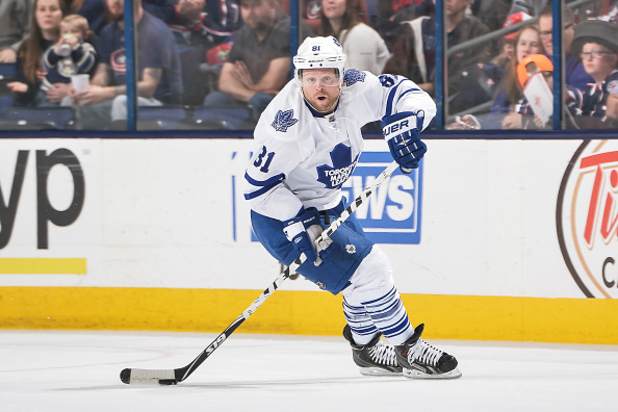 COLUMBUS, OH - APRIL 8:   Phil Kessel #81 of the Toronto Maple Leafs skates against the Columbus Blue Jackets on April 8, 2015 at Nationwide Arena in Columbus, Ohio.  (Photo by Jamie Sabau/NHLI via Getty Images)
