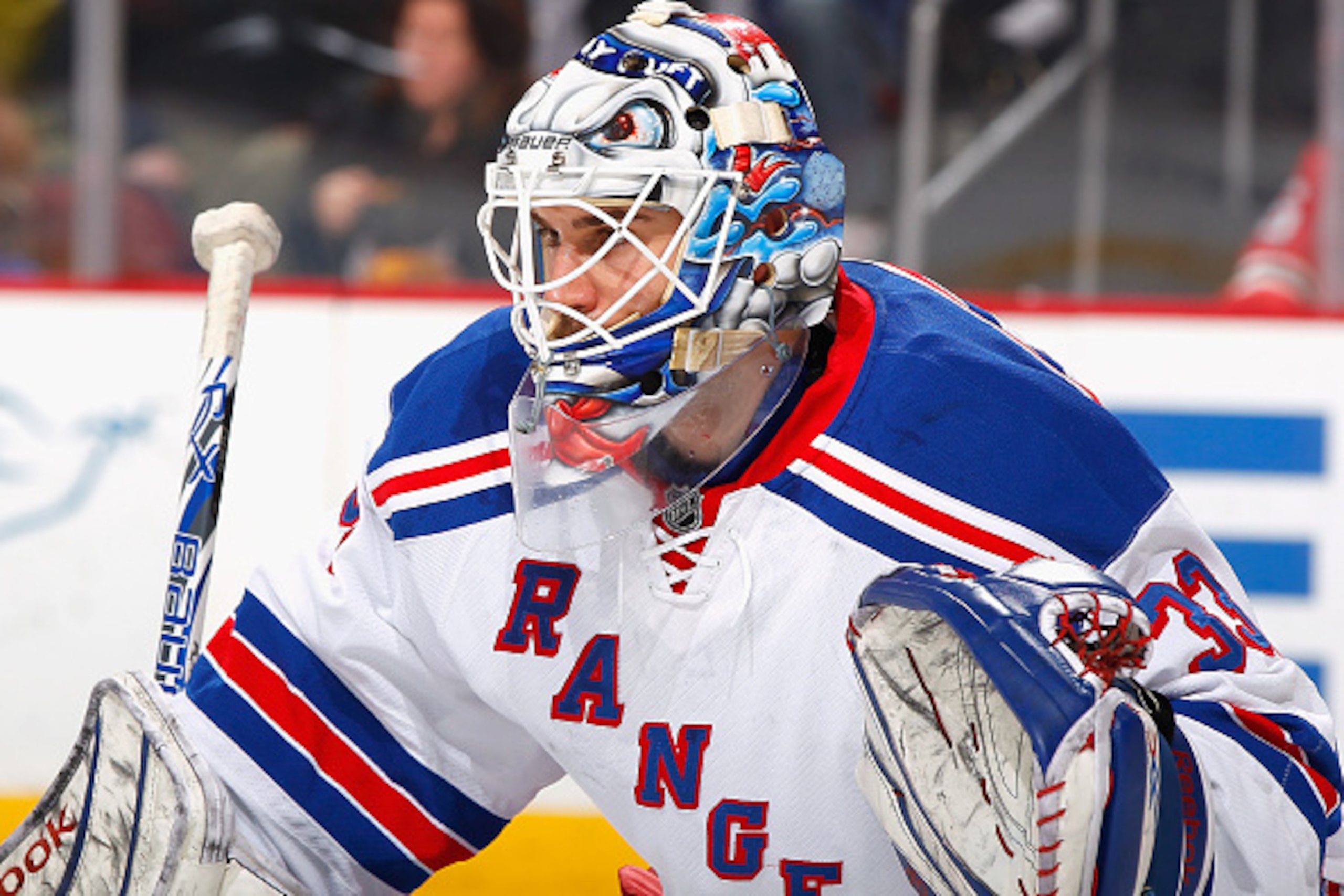 NEWARK, NJ - APRIL 07: Cam Talbot #33 of the New York Rangers looks on against the New Jersey Devils during the game at the Prudential Center on April 7, 2015 in Newark, New Jersey. (Photo by Andy Marlin/NHLI via Getty Images)