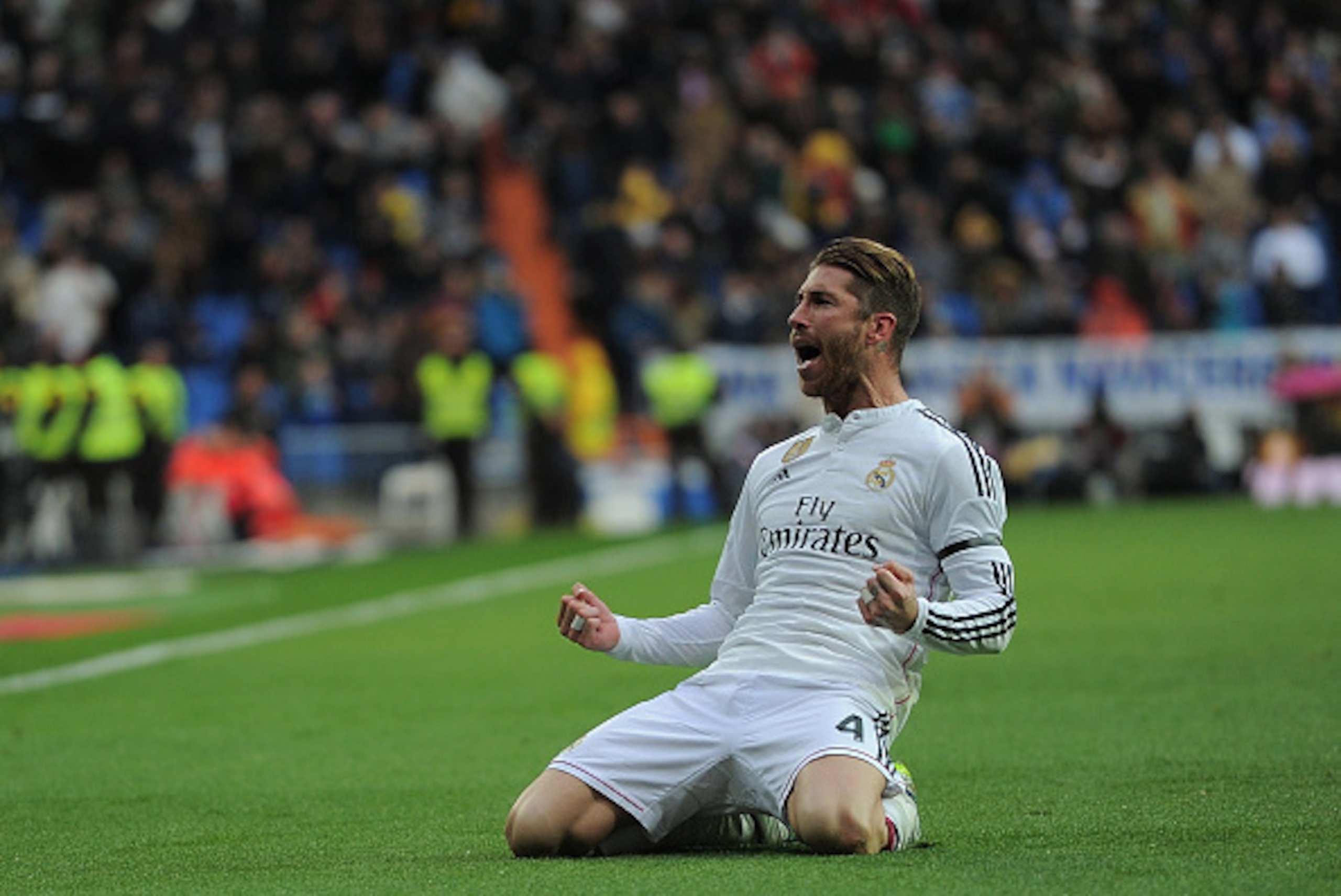 MADRID, SPAIN - JANUARY 31:  Sergio Ramos of Real Madrid celebrates after scoring Real's 2nd goal during the La Liga match between Real Madrid CF and Real Sociedad de Futbol at Estadio Santiago Bernabeu on January 31, 2015 in Madrid, Spain.  (Photo by Den