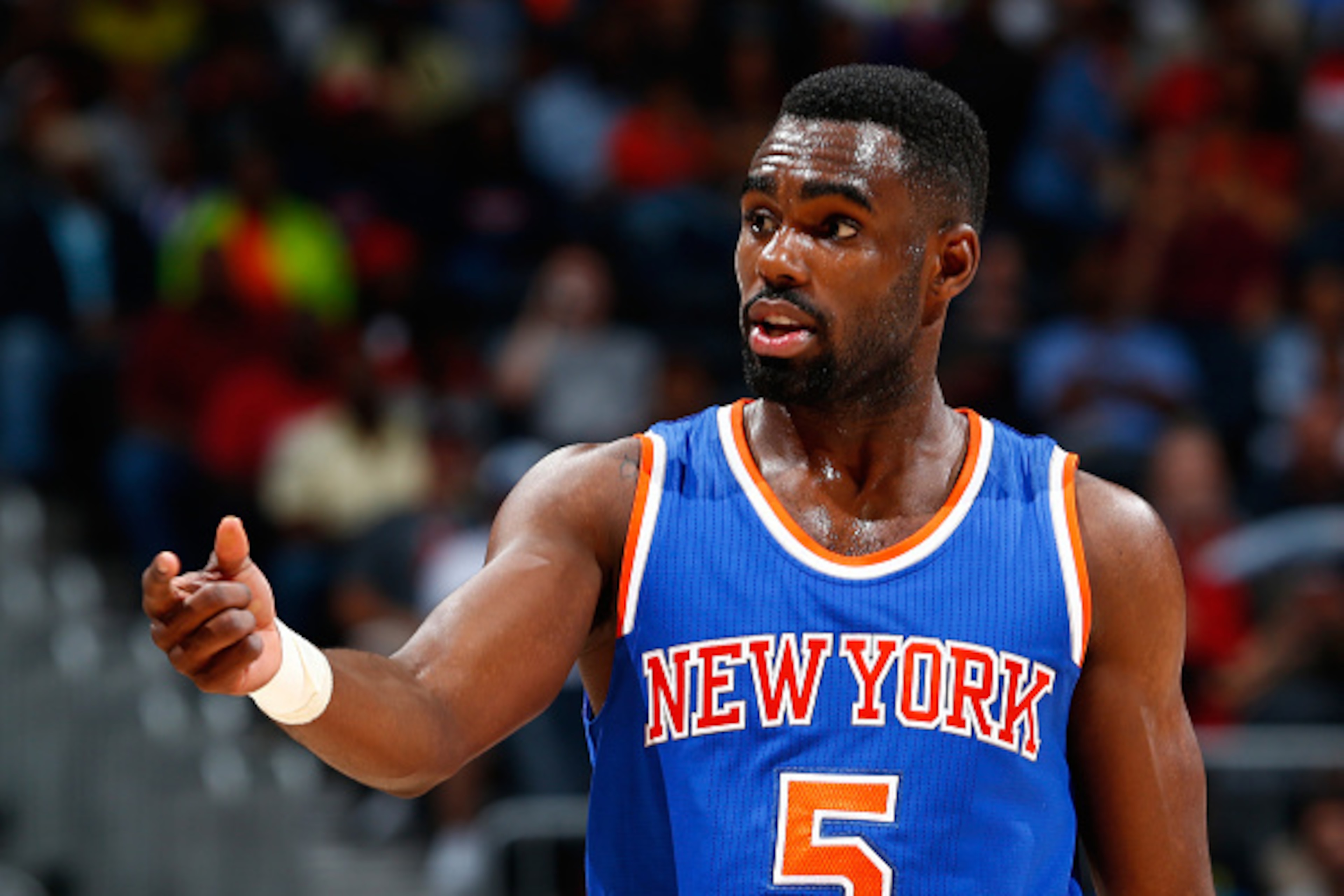 ATLANTA, GA - APRIL 13:  Tim Hardaway Jr. #5 of the New York Knicks reacts after a basket against the Atlanta Hawks at Philips Arena on April 13, 2015 in Atlanta, Georgia.  NOTE TO USER: User expressly acknowledges and agrees that, by downloading and/or u
