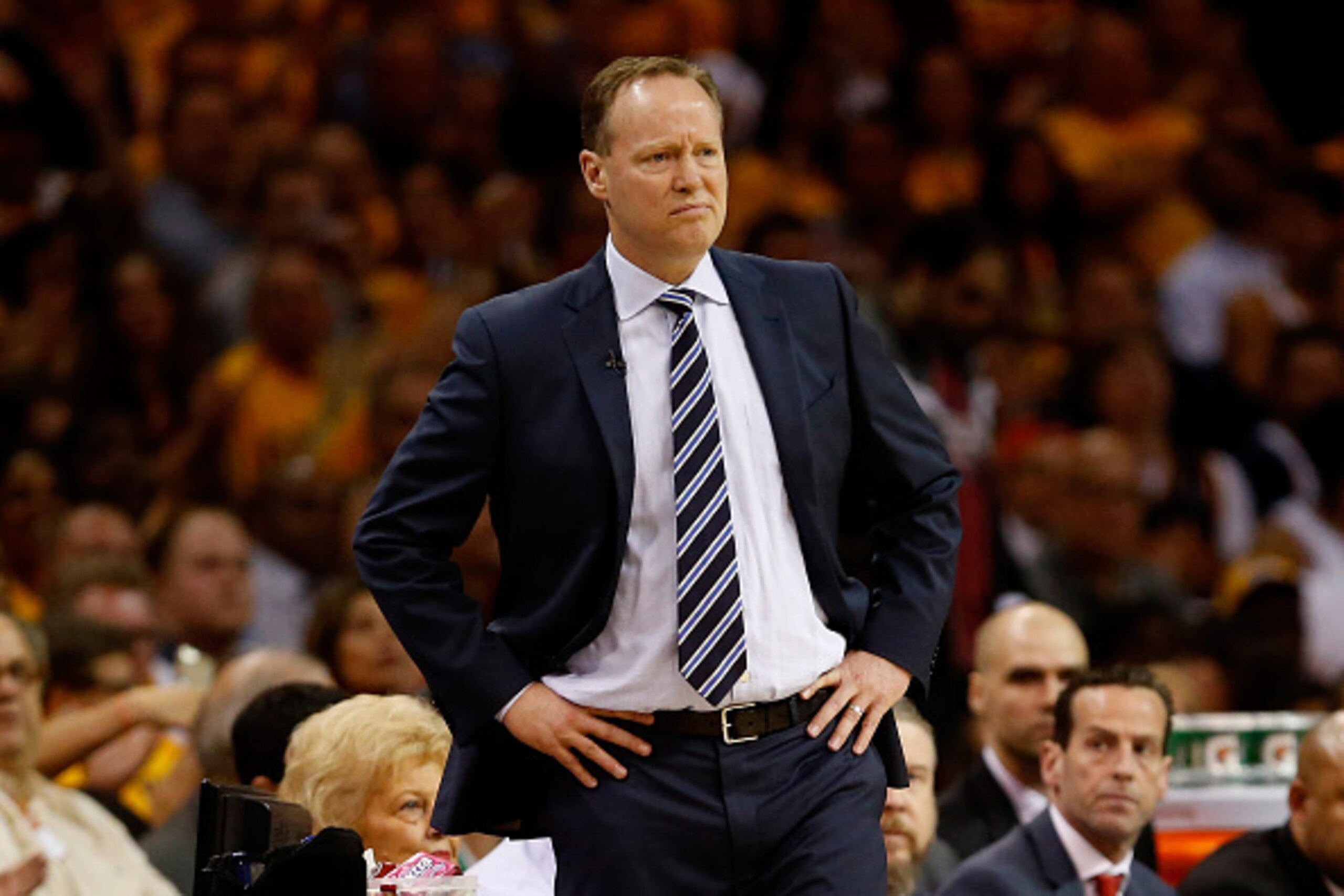 CLEVELAND, OH - MAY 26:  Mike Budenholzer of the Atlanta Hawks looks on in the first quarter against the Cleveland Cavaliers during Game Four of the Eastern Conference Finals of the 2015 NBA Playoffs at Quicken Loans Arena on May 26, 2015 in Cleveland, Oh
