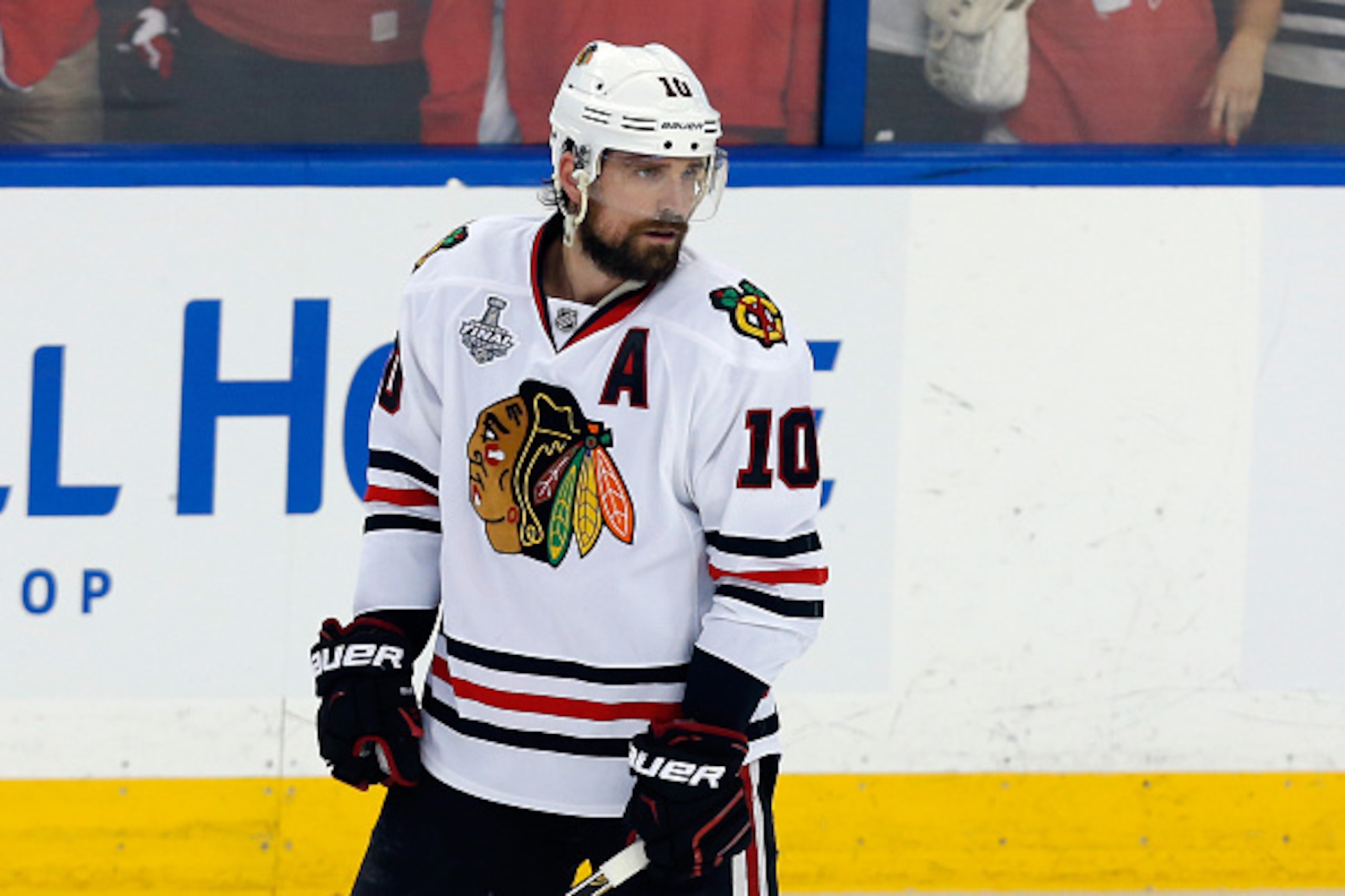 TAMPA, FL - JUNE 13:  Patrick Sharp #10 of the Chicago Blackhawks looks on against the Tampa Bay Lightning during Game Five of the 2015 NHL Stanley Cup Final at Amalie Arena on June 13, 2015 in Tampa, Florida.  (Photo by Mike Carlson/Getty Images)