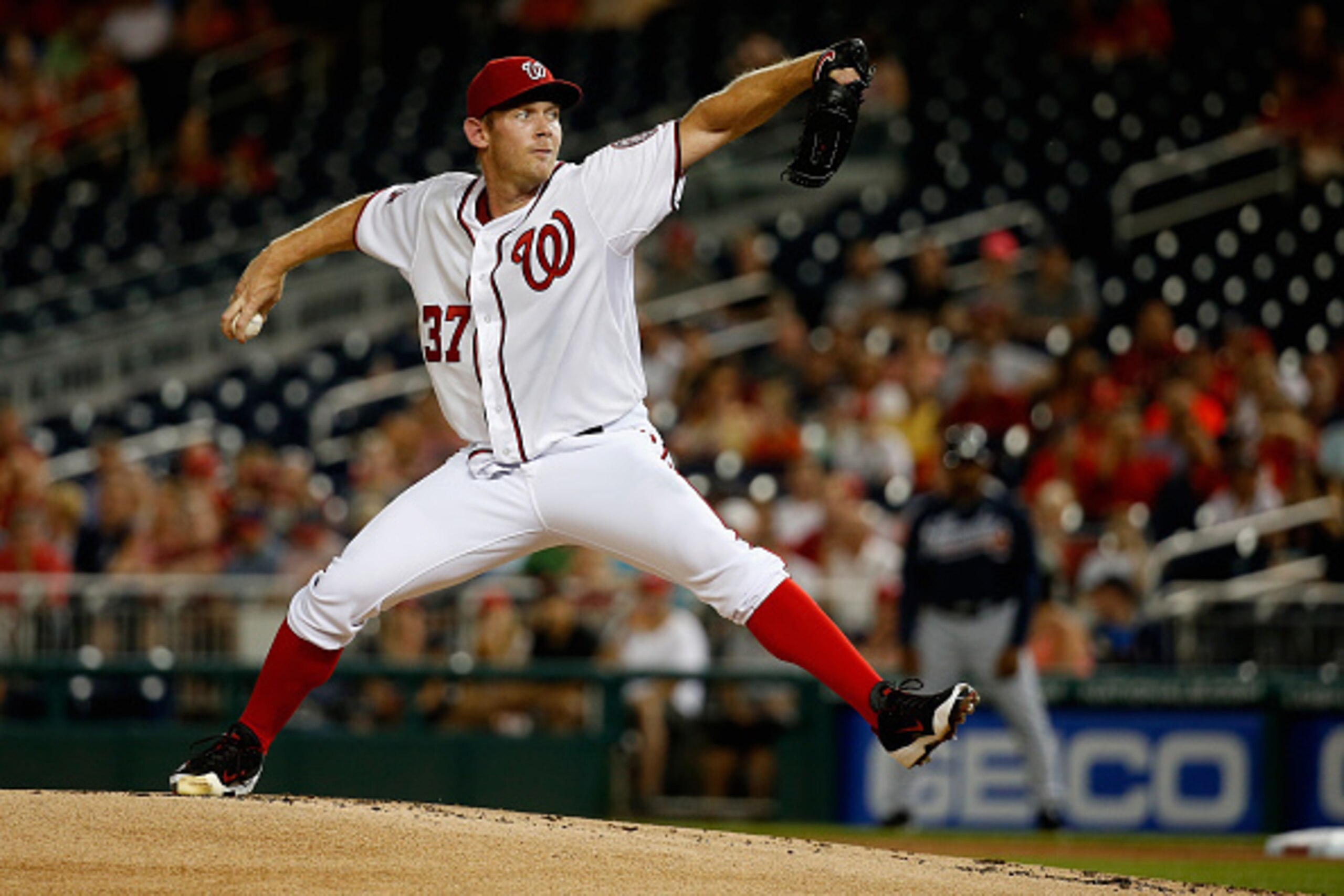 WASHINGTON, DC - JUNE 23: Starting pitcher Stephen Strasburg #37 of the Washington Nationals throws to a Atlanta Braves batter in the first inning at Nationals Park on June 23, 2015 in Washington, DC. (Photo by Rob Carr/Getty Images) WASHINGTON, DC - JUNE 23: Starting pitcher Stephen Strasburg #37 of the Washington Nationals throws to a Atlanta Braves batter in the first inning at Nationals Park on June 23, 2015 in Washington, DC. (Photo by Rob Carr/Getty Images)