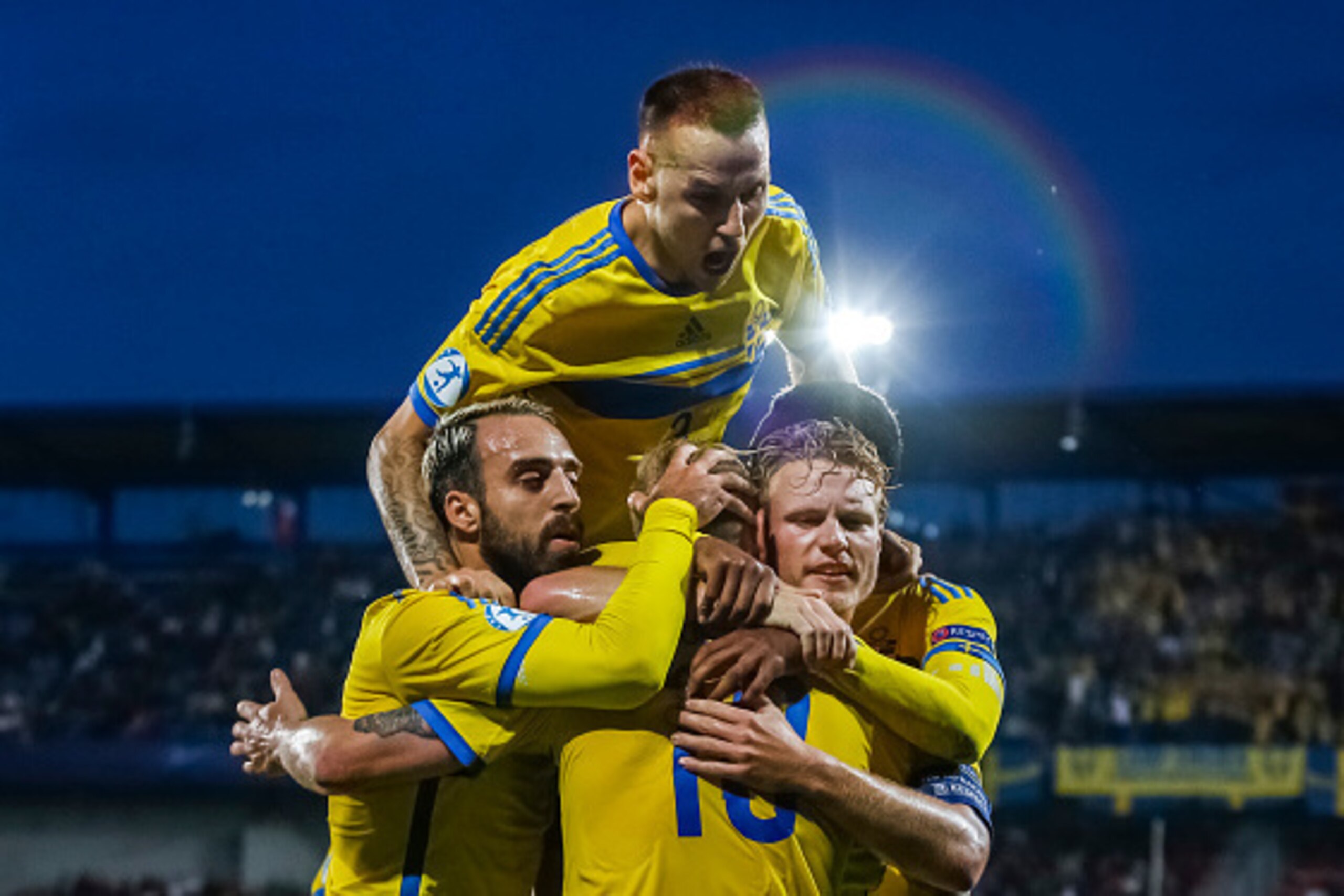 PRAGUE, CZECH REPUBLIC - JUNE 27:  John Guidetti (#10) of Sweden celebrates his goal with his team-mates during UEFA U21 European Championship semi final match between Denmark and Sweden at Generali Arena on June 27, 2015 in Prague, Czech Republic.  (Phot