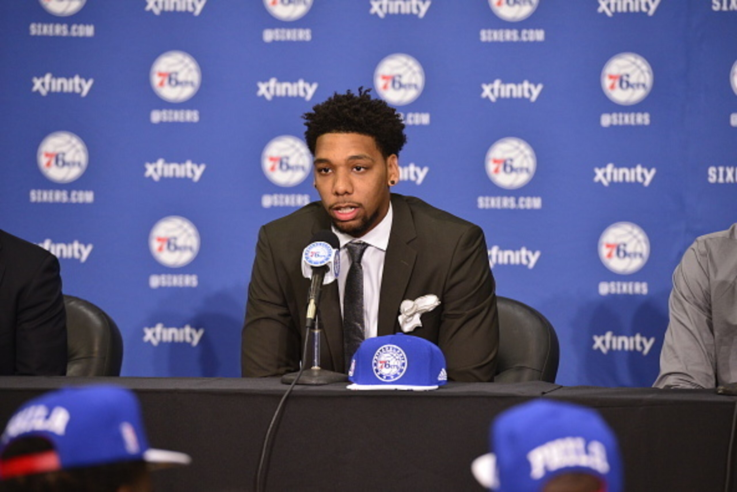 PHILADELPHIA, PA - JUNE 27: Jahlil Okafor attends a press conference after being selected by the Philadelphia 76ers in the 2015 NBA draft on June 27, 2015 at the Wells Fargo Center in Philadelphia, PA. NOTE TO USER: User expressly acknowledges and agrees 