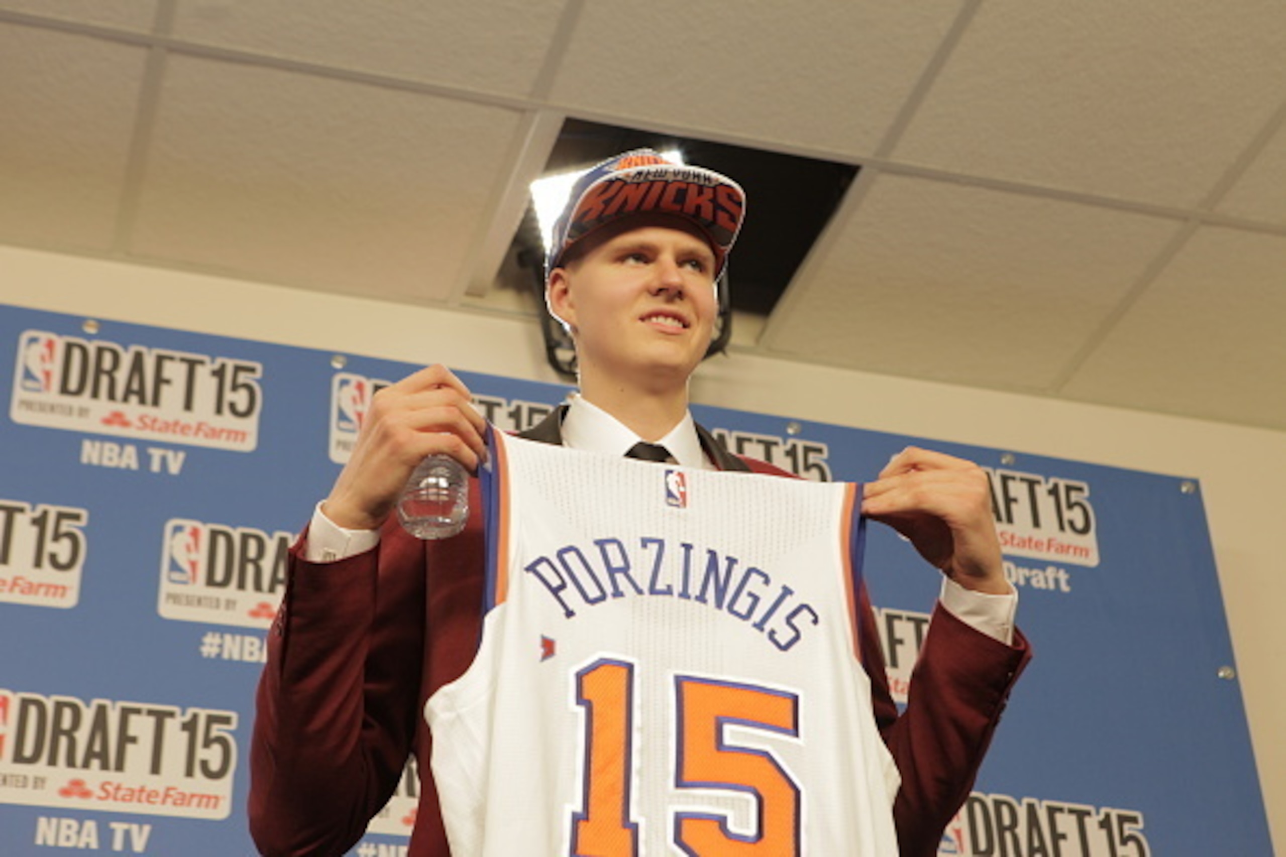 BROOKLYN, NY - JUNE 25:  Kristaps Porzingis, the fourth overall pick of the NBA Draft by the New York Knicks, speaks at a press conference during the 2015 NBA Draft on June 25, 2015 at Barclays Center in Brooklyn, New York. NOTE TO USER: User expressly ac