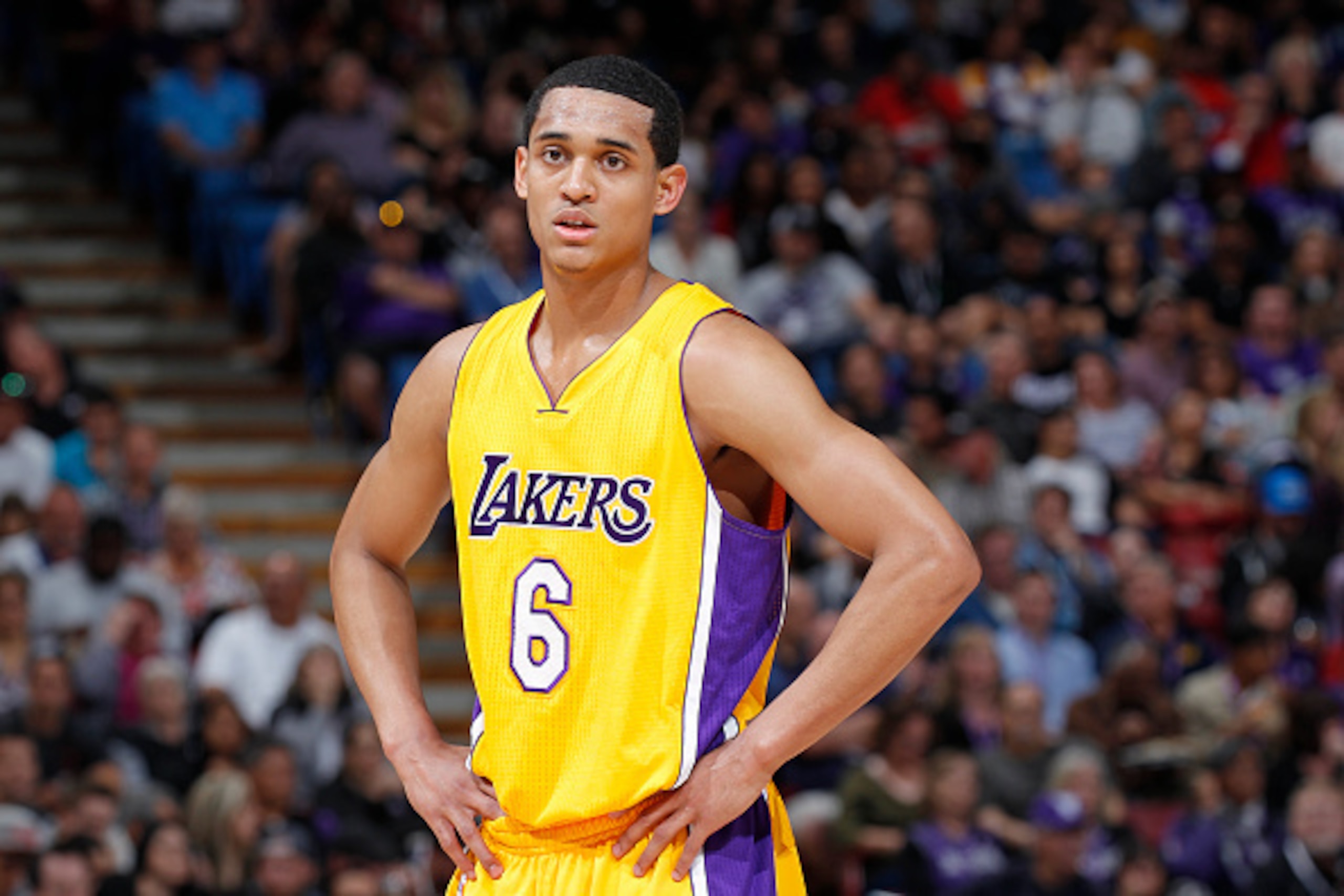 SACRAMENTO, CA - APRIL 13: Jordan Clarkson #6 of the Los Angeles Lakers looks on during the game against the Sacramento Kings on April 13, 2015 at Sleep Train Arena in Sacramento, California. NOTE TO USER: User expressly acknowledges and agrees that, by d