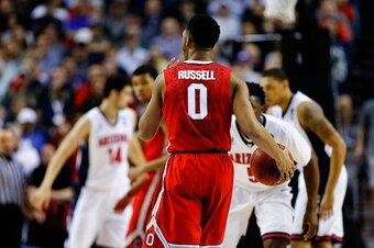 PORTLAND, OR - MARCH 21:  D'Angelo Russell #0 of the Ohio State Buckeyes controls the ball against the Arizona Wildcats in the first half during the third round of the 2015 NCAA Men's Basketball Tournament at Moda Center on March 21, 2015 in Portland, Ore
