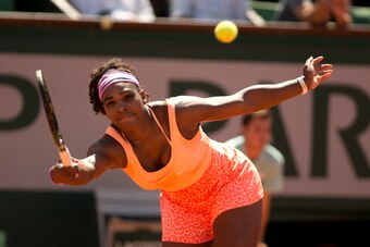 Jun 6, 2015; Paris, France; Serena Williams (USA) in action during her match against Lucie Safarova (CZE) at the net after their match on day 14 of the 2015 French Open at Roland Garros. Mandatory Credit: Susan Mullane-USA TODAY Sports