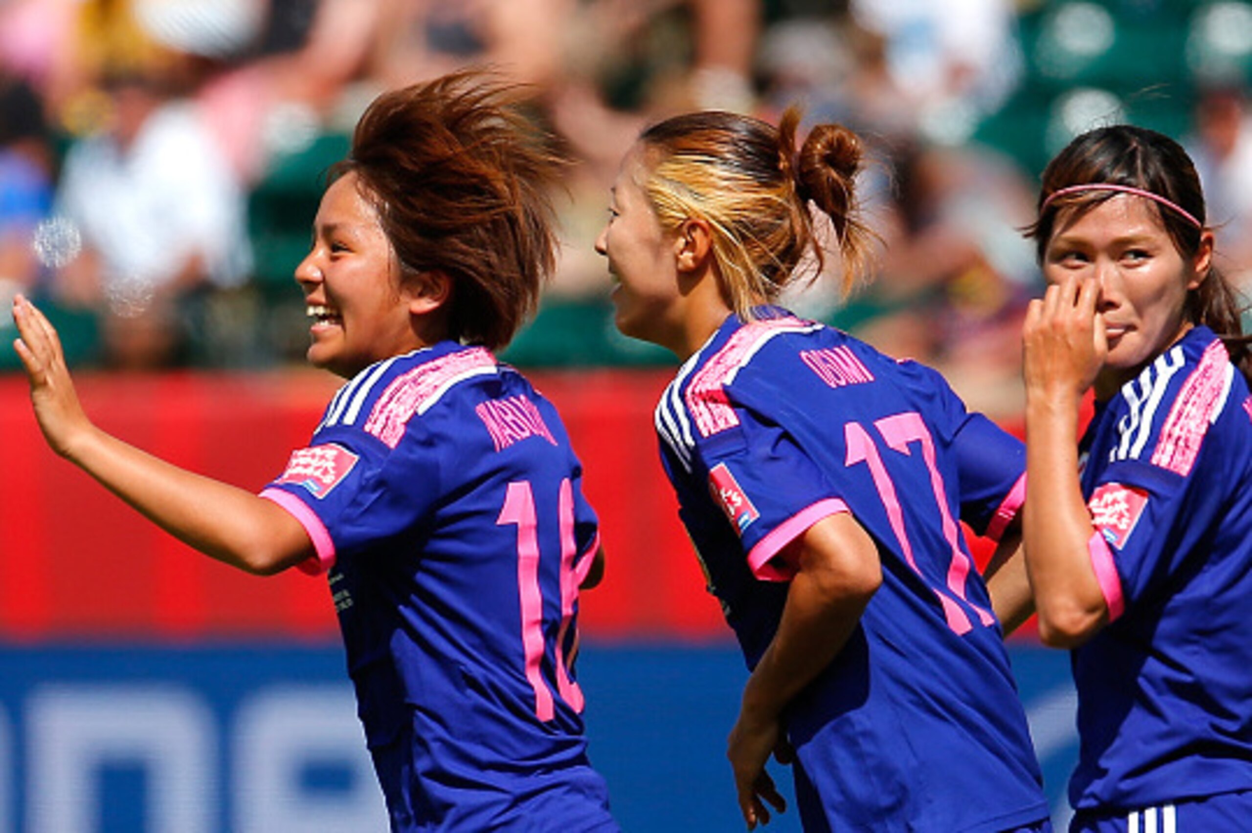 EDMONTON, AB - JUNE 27:  Mana Iwabuchi #16 of Japan celebrates scoring the first goal against Australia during the FIFA Women's World Cup Canada 2015 Quarter Final match between Australia and Japan at Commonwealth Stadium on June 27, 2015 in Edmonton, Can