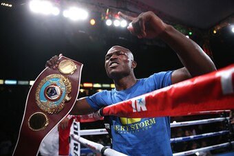 LOS ANGELES, CA - JUNE 27:  Timothy Bradley Jr. celebrates after defeating Jessie Vargas in their Interim WBO World Title welterweight fight at StubHub Center on June 27, 2015 in Los Angeles, California.  Bradley won in a unanimous  decision.  (Photo by S