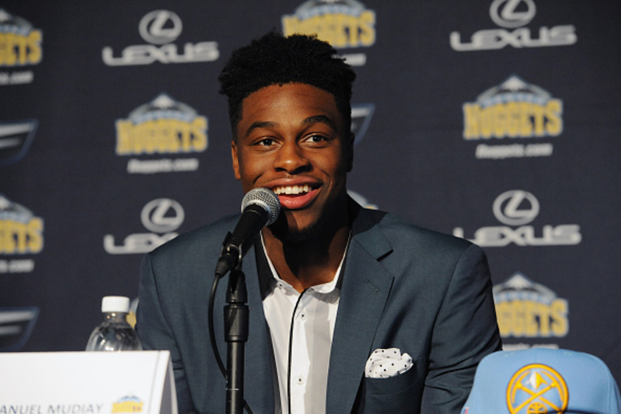 DENVER, CO - JUNE 26: The seventh selection in the 2015 NBA Draft Emmanuel Mudiay #0 of the Denver Nuggets answers questions from the media during a press conference on June 26, 2015 at the Pepsi Center in Denver, Colorado. NOTE TO USER: User expressly ac DENVER, CO - JUNE 26: The seventh selection in the 2015 NBA Draft Emmanuel Mudiay #0 of the Denver Nuggets answers questions from the media during a press conference on June 26, 2015 at the Pepsi Center in Denver, Colorado. NOTE TO USER: User expressly ac