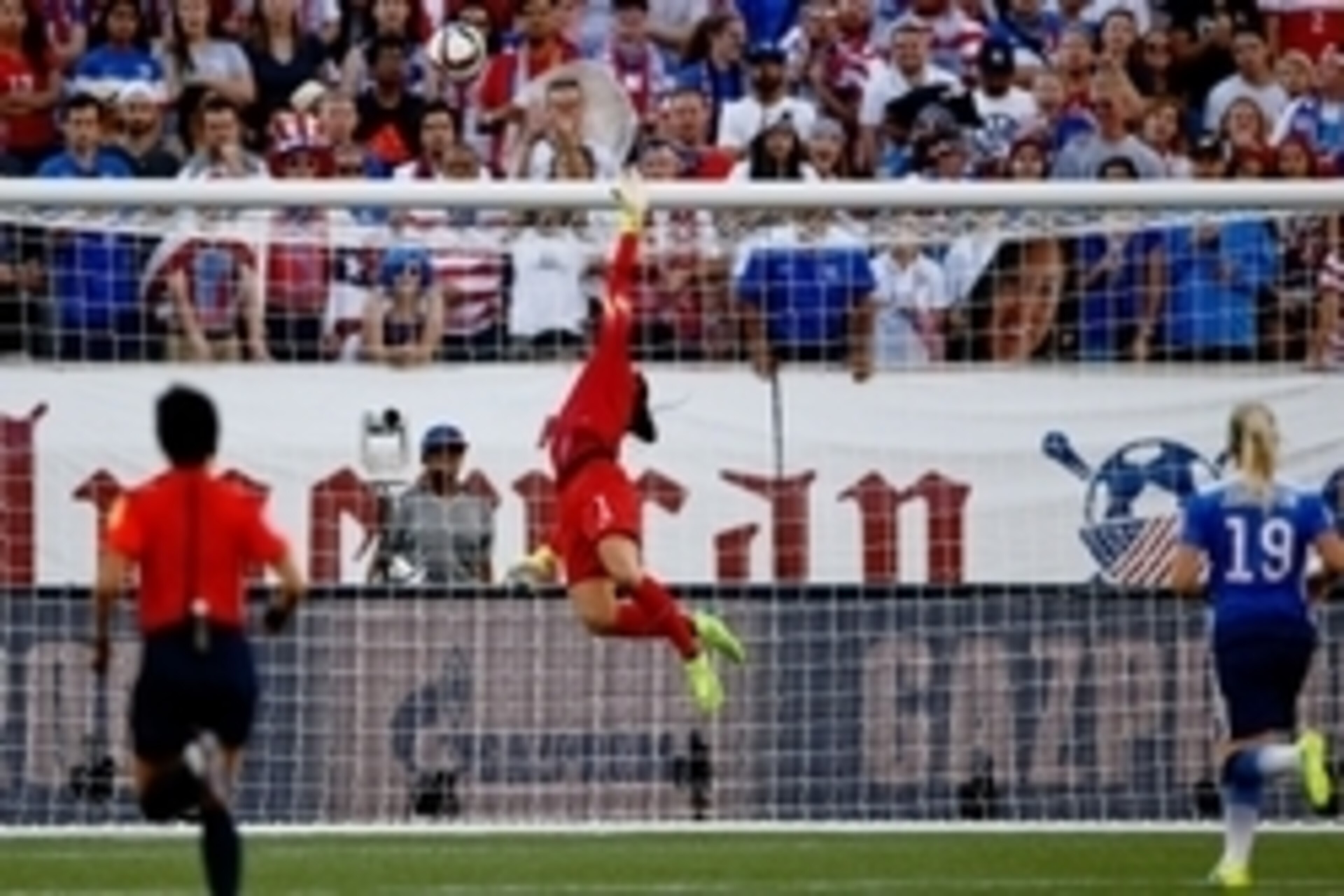 Jun 12, 2015; Winnipeg, Manitoba, CAN; United States goalkeeper Hope Solo (1) makes a save against Sweden during the second half in a Group D soccer match in the 2015 FIFA women's World Cup at Winnipeg Stadium. Mandatory Credit: Michael Chow-USA TODAY Spo