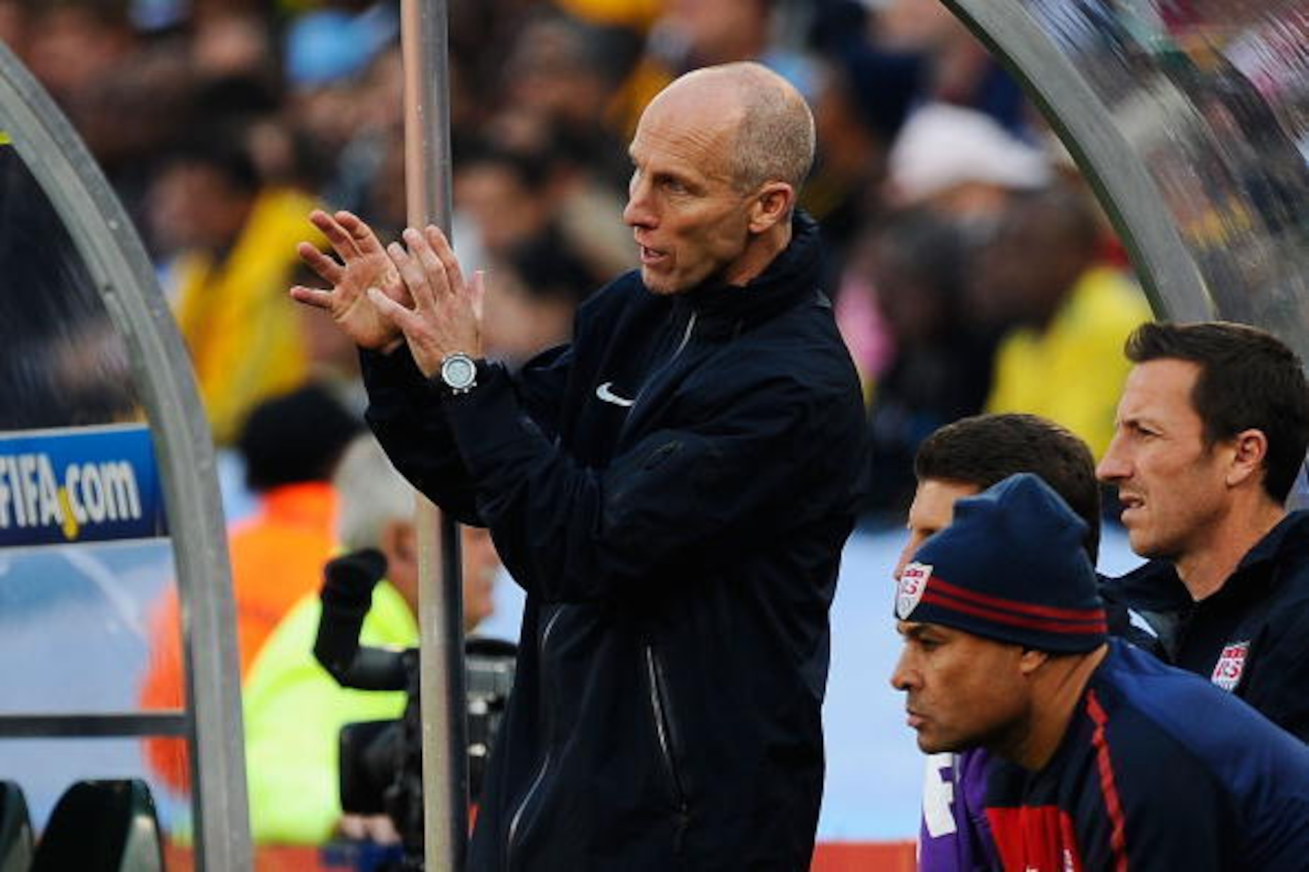 PRETORIA, SOUTH AFRICA - JUNE 23:  Bob Bradley head coach of the USA looks gestures during the 2010 FIFA World Cup South Africa Group C match between USA and Algeria at the Loftus Versfeld Stadium on June 23, 2010 in Tshwane/Pretoria, South Africa.  (Phot