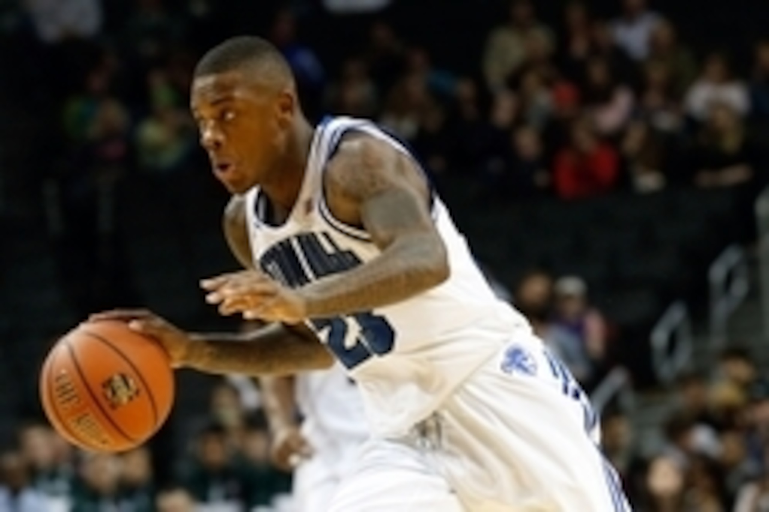 Nov 23, 2013; Brooklyn, NY, USA;  Seton Hall Pirates guard/forward Fuquan Edwin (23) drives the ball during the second half against the Virginia Tech Hokies at Barclays Center. Seton Hall Pirates won 68-67.  Mandatory Credit: Anthony Gruppuso-USA TODAY Sp
