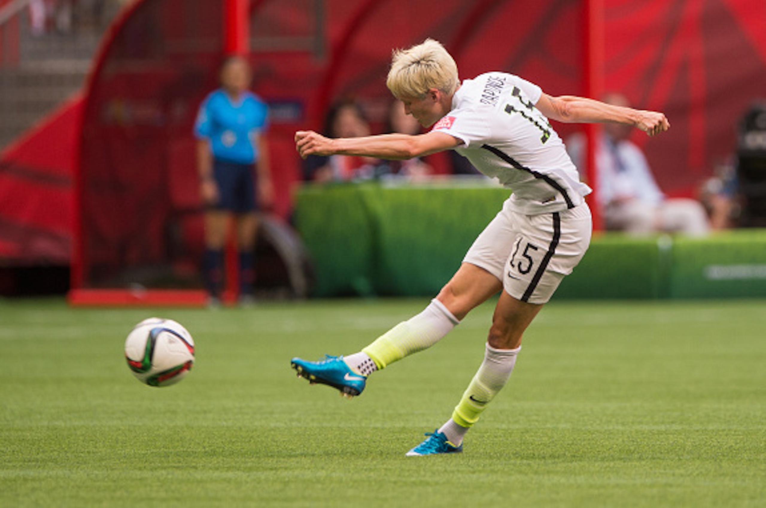 VANCOUVER, BC - JUNE 16: Megan Rapinoe #15 of the United States kicks the ball during the FIFA Women's World Cup Canada 2015 Group D match between Nigeria and The United States June, 16, 2015 at BC Place Stadium in Vancouver, British Columbia, Canada. (Ph