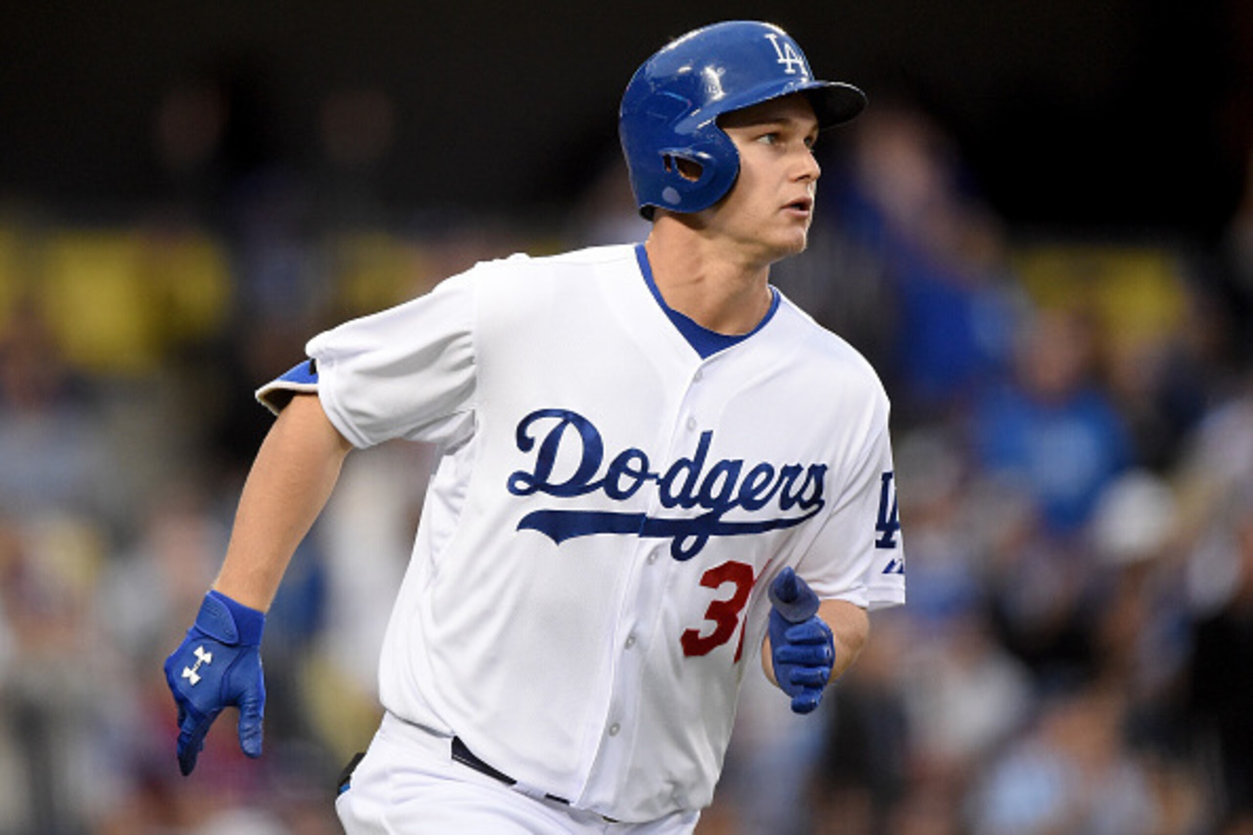 LOS ANGELES, CA - MAY 23:  Joc Pederson #31 of the Los Angeles Dodgers reacts to his solo homerun to take a 1-0 lead over the San Diego Padres during the first inning at Dodger Stadium on May 23, 2015 in Los Angeles, California.  (Photo by Harry How/Getty