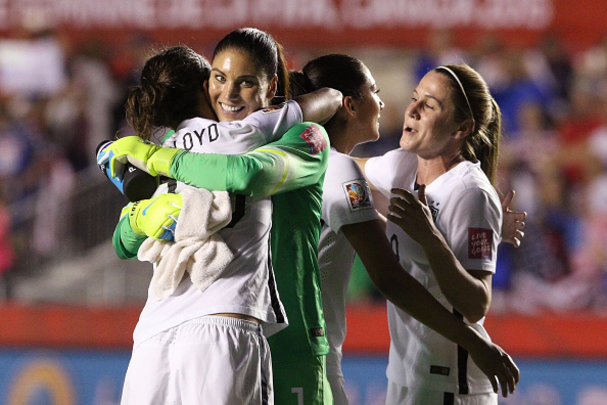 OTTAWA, ON - JUNE 26: Hope Solo #1 of the United States celebrates with Carli Lloyd #10 after defeating China 1-0 in the FIFA Women's World Cup 2015 Quarter Final match at Lansdowne Stadium on June 26, 2015 in Ottawa, Canada. (Photo by Jana Chytilova/Fre OTTAWA, ON - JUNE 26: Hope Solo #1 of the United States celebrates with Carli Lloyd #10 after defeating China 1-0 in the FIFA Women's World Cup 2015 Quarter Final match at Lansdowne Stadium on June 26, 2015 in Ottawa, Canada. (Photo by Jana Chytilova/Fre