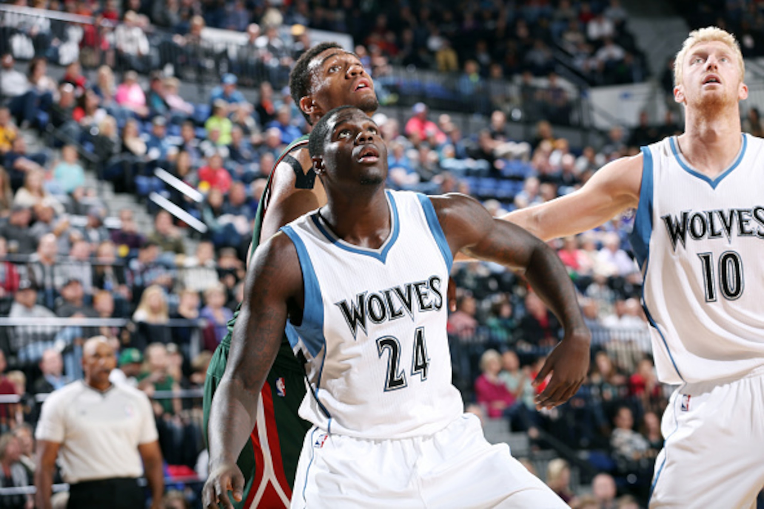 MINNEAPOLIS, MN - OCTOBER 17: Anthony Bennett #24 of the Minnesota Timberwolves battles for position against the Milwaukee Bucks on October 17, 2014 at U.S. Cellular Center in Cedar Rapids, Iowa. NOTE TO USER: User expressly acknowledges and agrees that, 