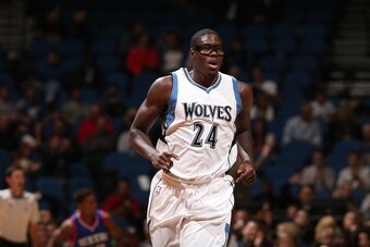MINNEAPOLIS, MN - OCTOBER 10: Anthony Bennett #24 of the Minnesota Timberwolves runs down the court against the Philadelphia 76ers during the game on October 10, 2014 at Target Center in Minneapolis, Minnesota. NOTE TO USER: User expressly acknowledges an