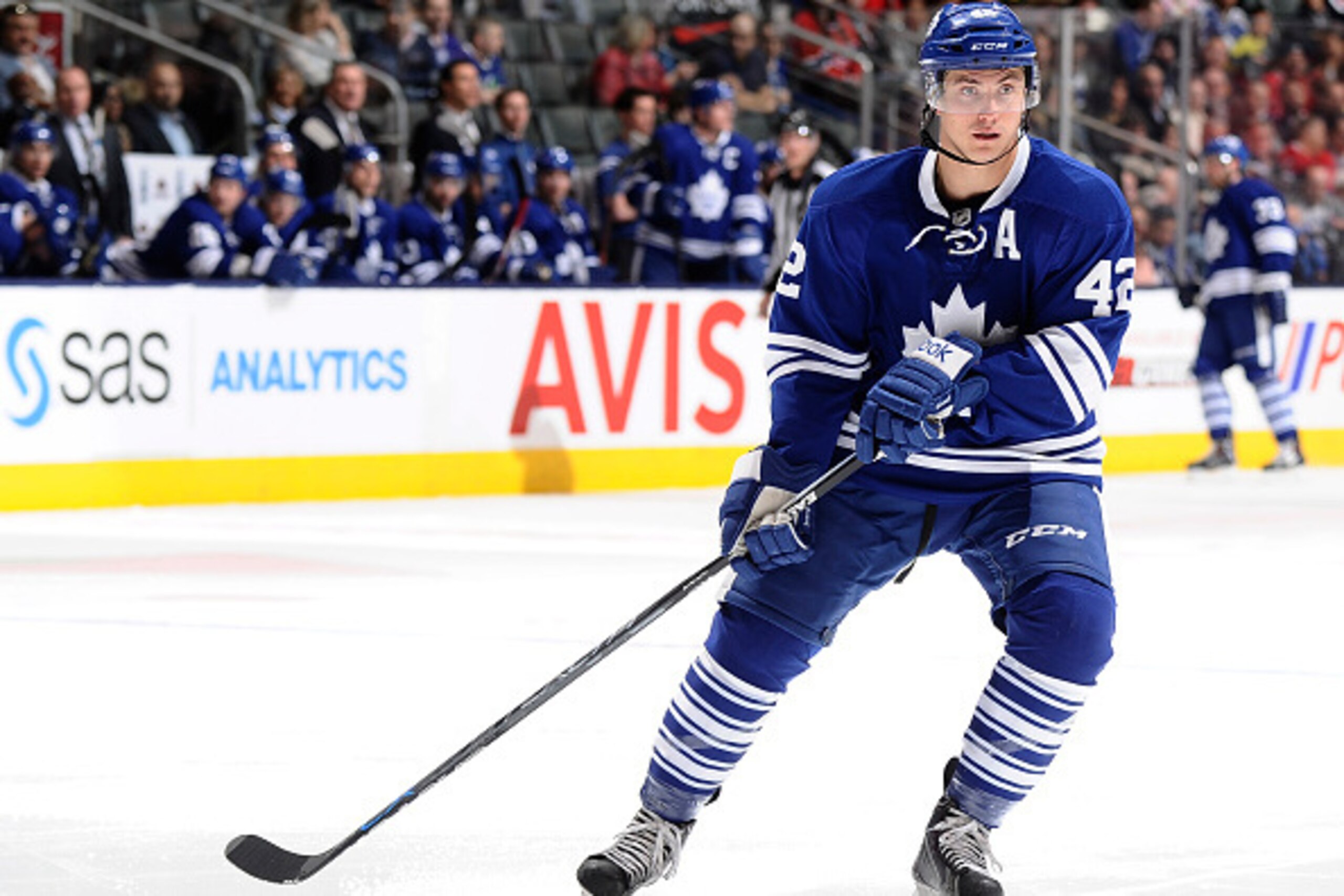 TORONTO, ON - APRIL 11:  Tyler Bozak #42 of the Toronto Maple Leafs skates during NHL game action against the Montreal Canadiens April 11, 2015 at the Air Canada Centre in Toronto, Ontario, Canada. (Photo by Graig Abel/NHLI via Getty Images)