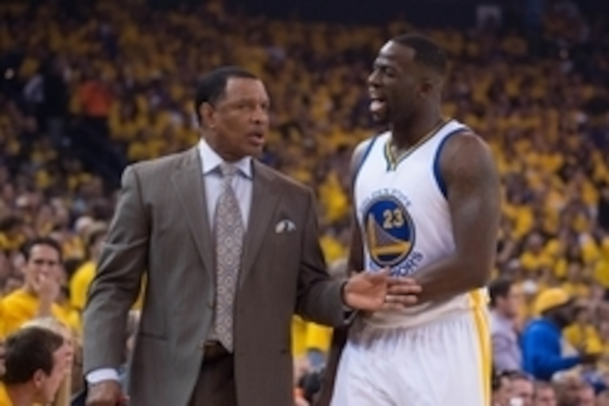 May 5, 2015; Oakland, CA, USA; Golden State Warriors associate head coach Alvin Gentry (left) talks to forward Draymond Green (23) during the first quarter in game two of the second round of the NBA Playoffs against the Memphis Grizzlies at Oracle Arena. 