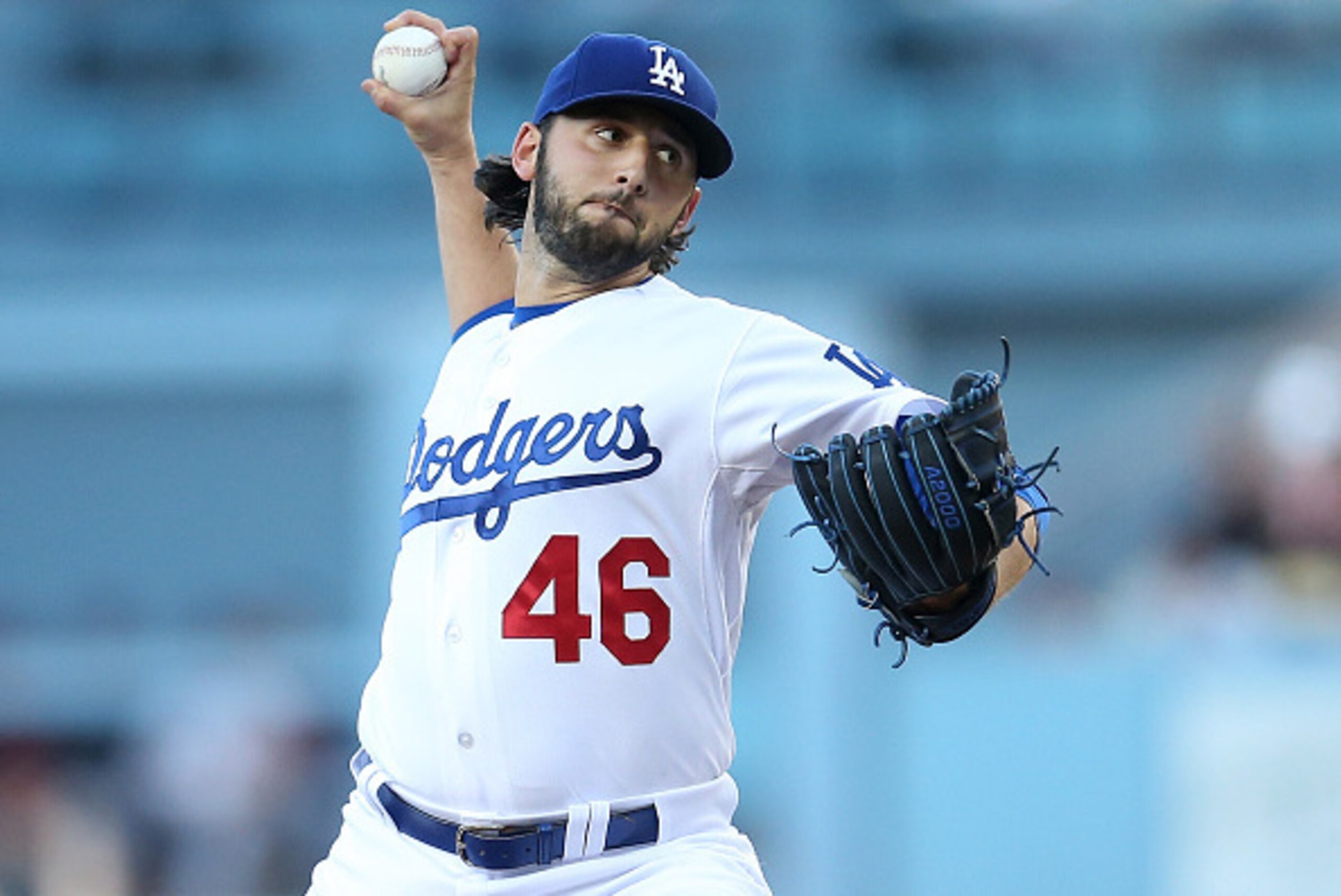 LOS ANGELES, CA - JUNE 19:  Mike Bolsinger #46 of the Los Angeles Dodgers throws a pitch against the San Francisco Giants at Dodger Stadium on June 19, 2015 in Los Angeles, California.  (Photo by Stephen Dunn/Getty Images)
