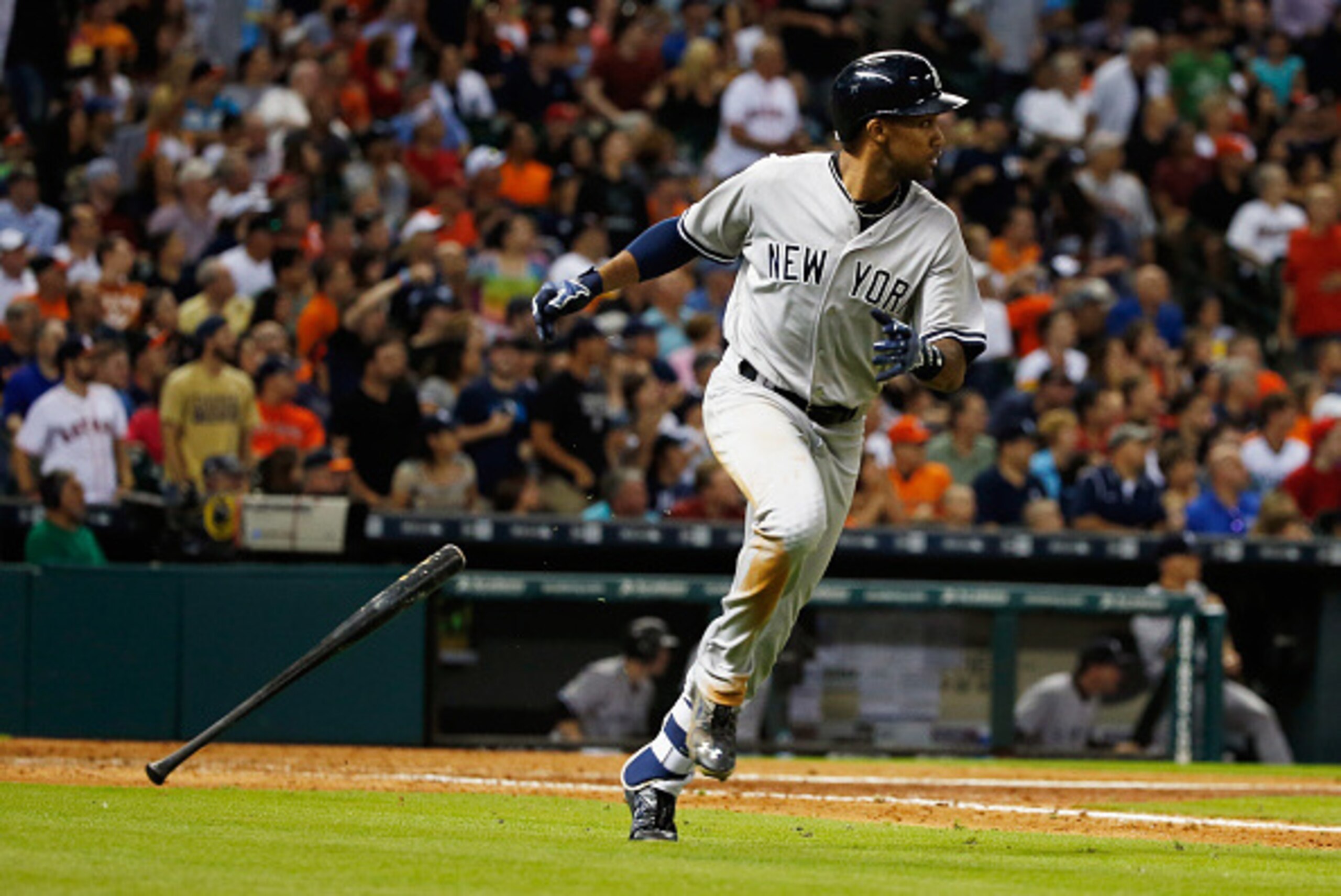 HOUSTON, TX - JUNE 26:  Chris Young #24 of the New York Yankees watches a three-run home run in the seventh inning during their game against the Houston Astros at Minute Maid Park on June 26, 2015 in Houston, Texas.  (Photo by Scott Halleran/Getty Images)