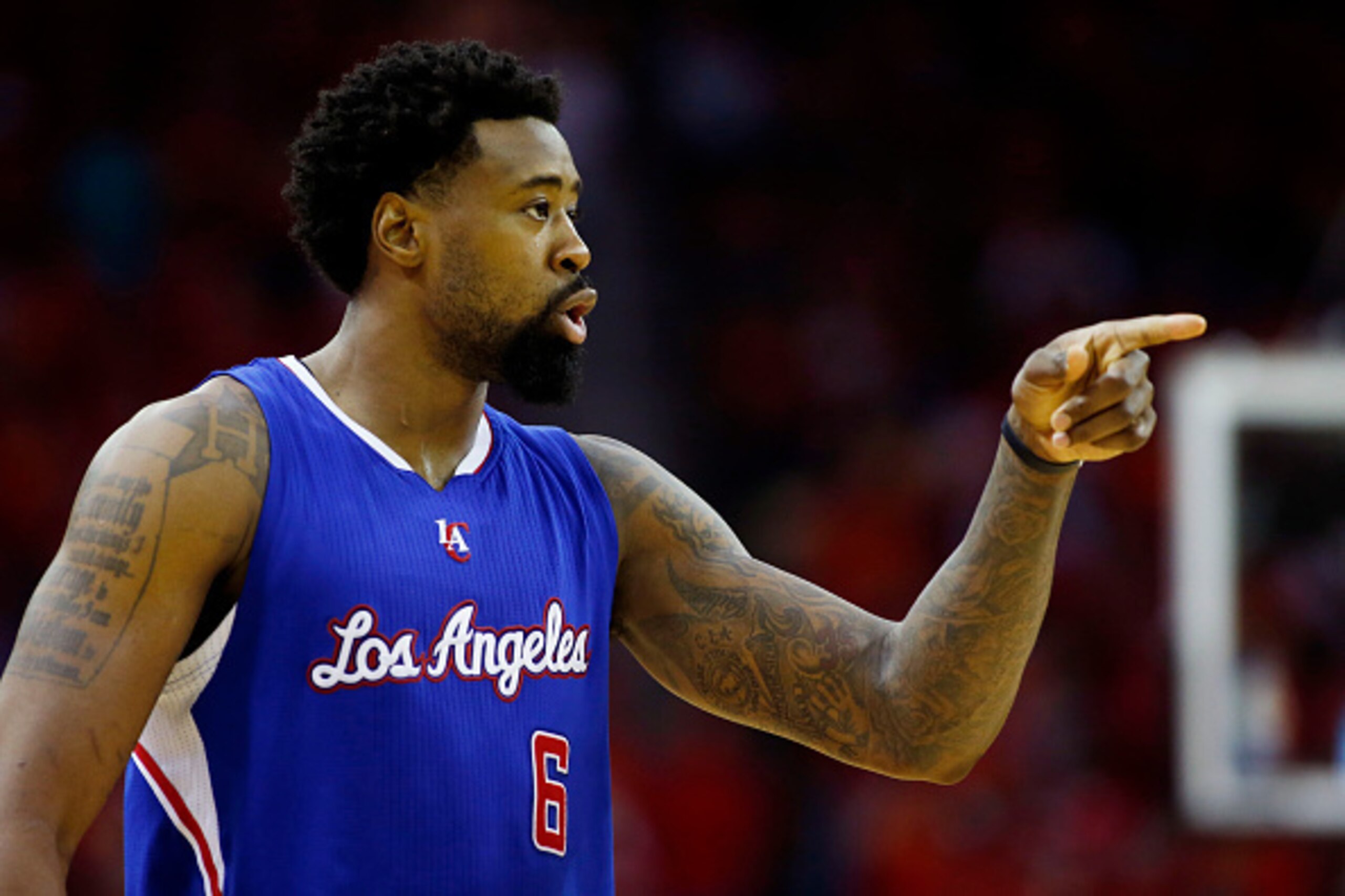 HOUSTON, TX - MAY 17:  DeAndre Jordan #6 of the Los Angeles Clippers reacts in the fourth quarter against the Houston Rockets during Game Seven of the Western Conference Semifinals at the Toyota Center for the 2015 NBA Playoffs on May 17, 2015 in Houston,