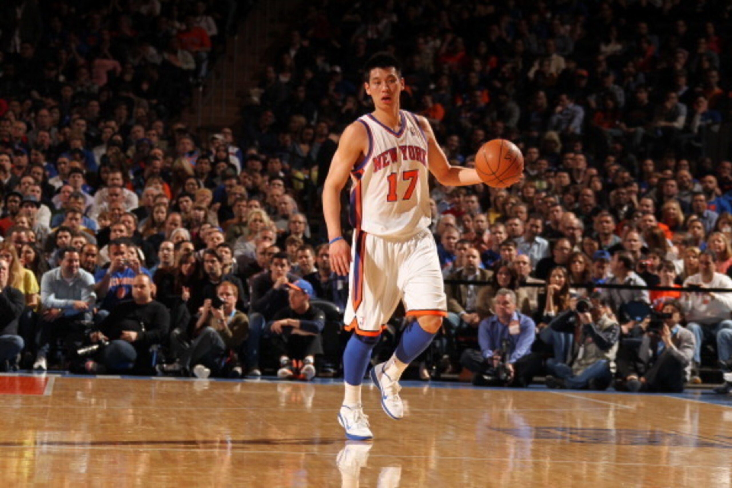 NEW YORK, NY - MARCH 24: Jeremy Lin #17 of the New York Knicks dribbles against the Detroit Pistons on March 24, 2012 at Madison Square Garden in New York City.  NOTE TO USER: User expressly acknowledges and agrees that, by downloading and or using this p