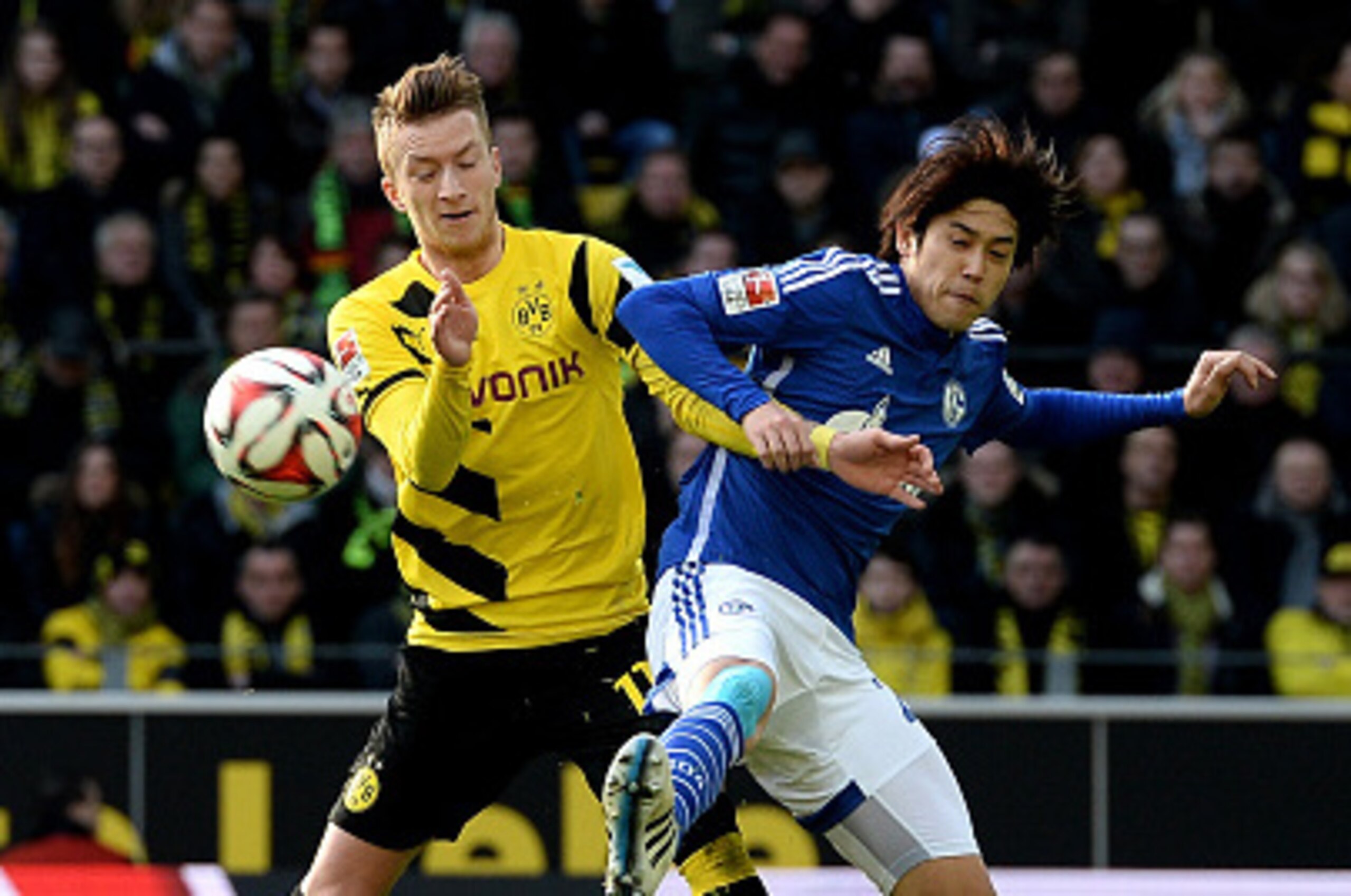 DORTMUND, GERMANY - FEBRUARY 28: (L-R) Marco Reus of Dortmund vies with Atsuto Uchida of Schalke during the Bundesliga match between Borussia Dortmund and FC Schalke 04 at Signal Iduna Park on February 28, 2015 in Dortmund, Germany. (Photo by Sascha Ste DORTMUND, GERMANY - FEBRUARY 28: (L-R) Marco Reus of Dortmund vies with Atsuto Uchida of Schalke during the Bundesliga match between Borussia Dortmund and FC Schalke 04 at Signal Iduna Park on February 28, 2015 in Dortmund, Germany. (Photo by Sascha Ste