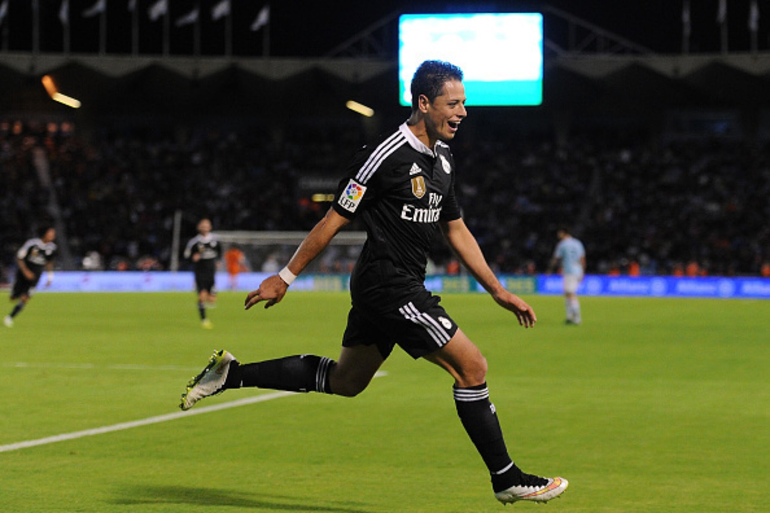 VIGO, SPAIN - APRIL 26:  Javier 'Chicharito' Hernandez of Real Madrid
 celebrates after scoring Real's 4th goal during the La Liga match between Celta Vigo and Real Madrid CF at Estadio Balaidos on April 26, 2015 in Vigo, Spain.  (Photo by Denis Doyle/Get