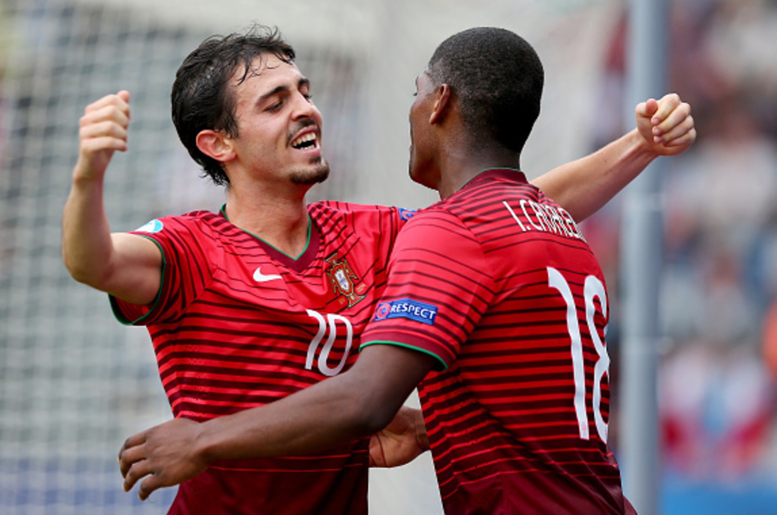 OLOMOUC, CZECH REPUBLIC - JUNE 27: Ivan Cavaleiro (R) of Portugal celebrate with team mate Bernardo Silva after scoring the 3rd goal during the UEFA European Under-21 semi final match Between Portugal and Germany at Ander Stadium on June 27, 2015 in Olom OLOMOUC, CZECH REPUBLIC - JUNE 27: Ivan Cavaleiro (R) of Portugal celebrate with team mate Bernardo Silva after scoring the 3rd goal during the UEFA European Under-21 semi final match Between Portugal and Germany at Ander Stadium on June 27, 2015 in Olom