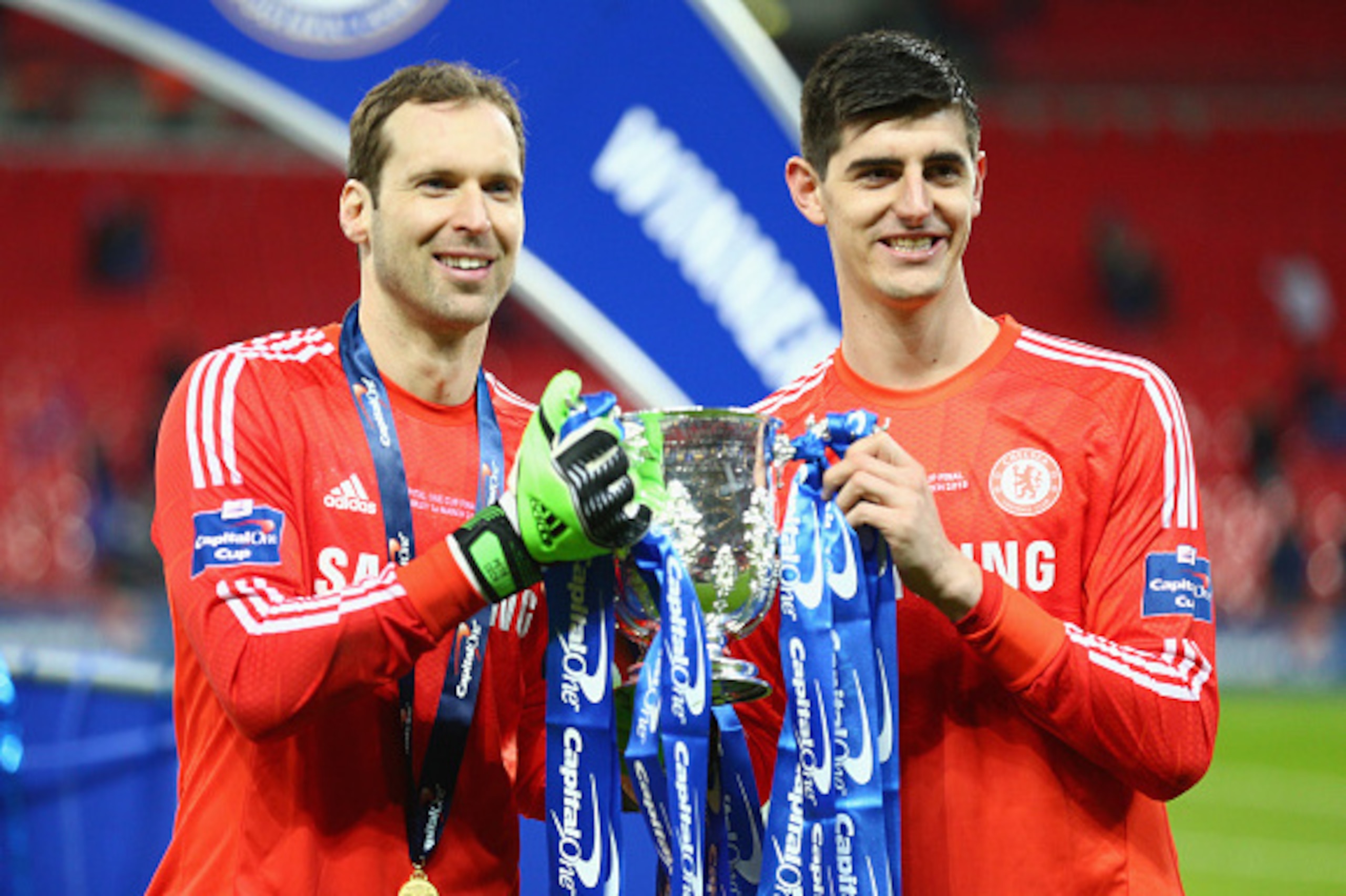 LONDON, ENGLAND - MARCH 01:  Petr Cech and Thibaut Courtois of Chelsea pose with the trophy during the Capital One Cup Final match between Chelsea and Tottenham Hotspur at Wembley Stadium on March 1, 2015 in London, England.  (Photo by Clive Mason/Getty I