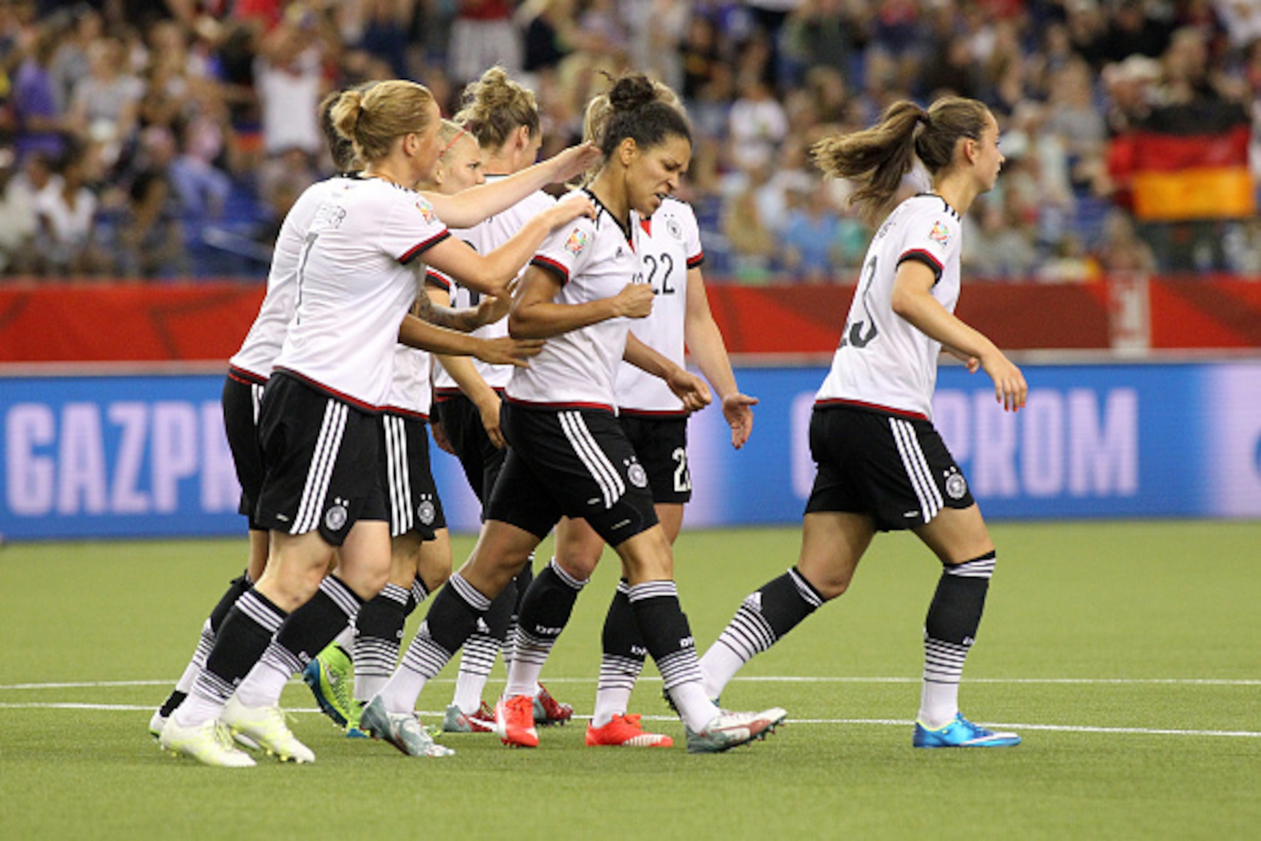 MONTREAL, QC - JUNE 26: Celia Sasic #13 of Germany celebrates her goal with teammates against France during the FIFA Women's World Cup Canada 2015 quarter final match between Germany and France at Olympic Stadium on June 26, 2015 in Montreal, Canada.  (Ph