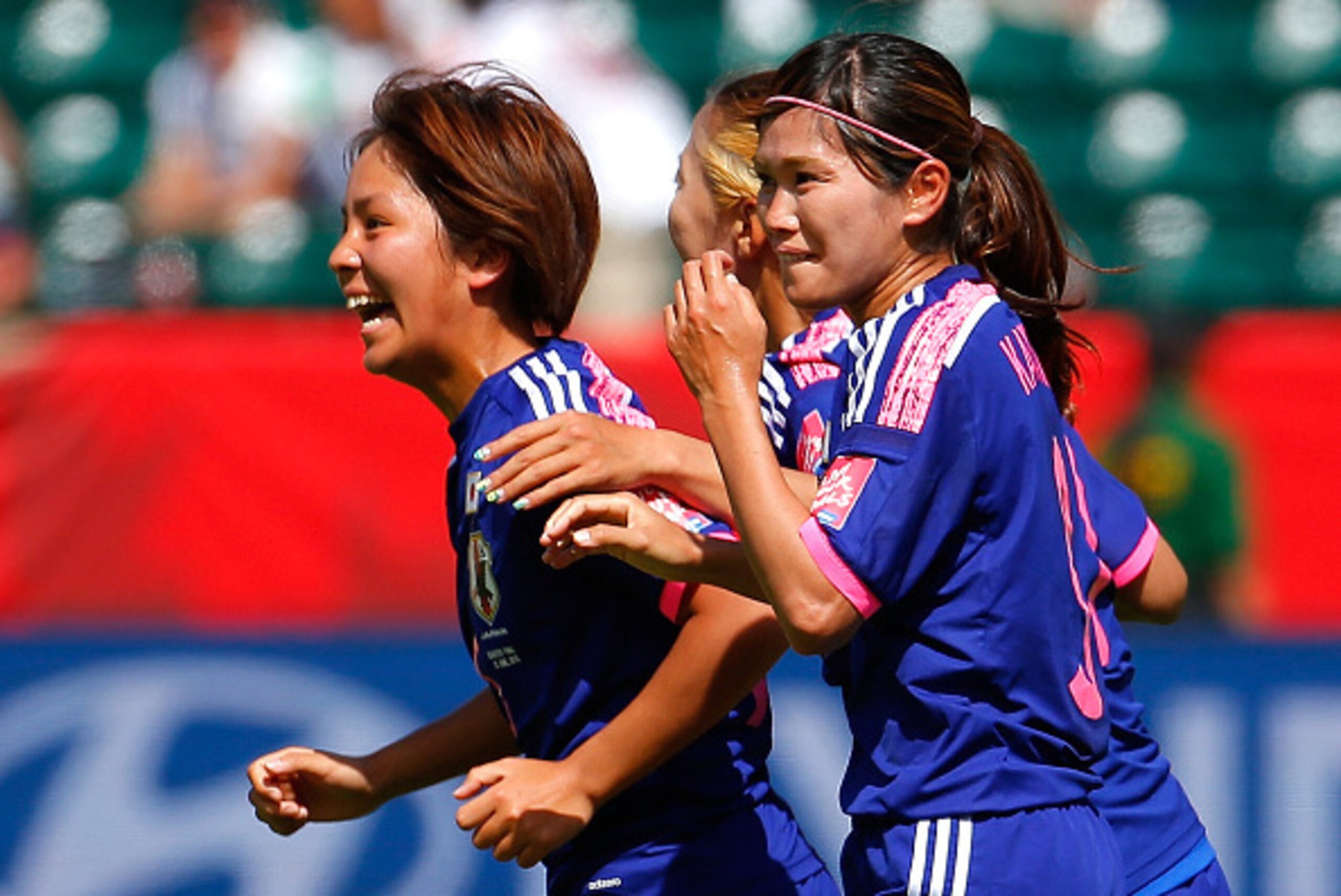 EDMONTON, AB - JUNE 27:  Mana Iwabuchi #16 of Japan celebrates scoring the first goal against Australia during the FIFA Women's World Cup Canada 2015 Quarter Final match between Australia and Japan at Commonwealth Stadium on June 27, 2015 in Edmonton, Can