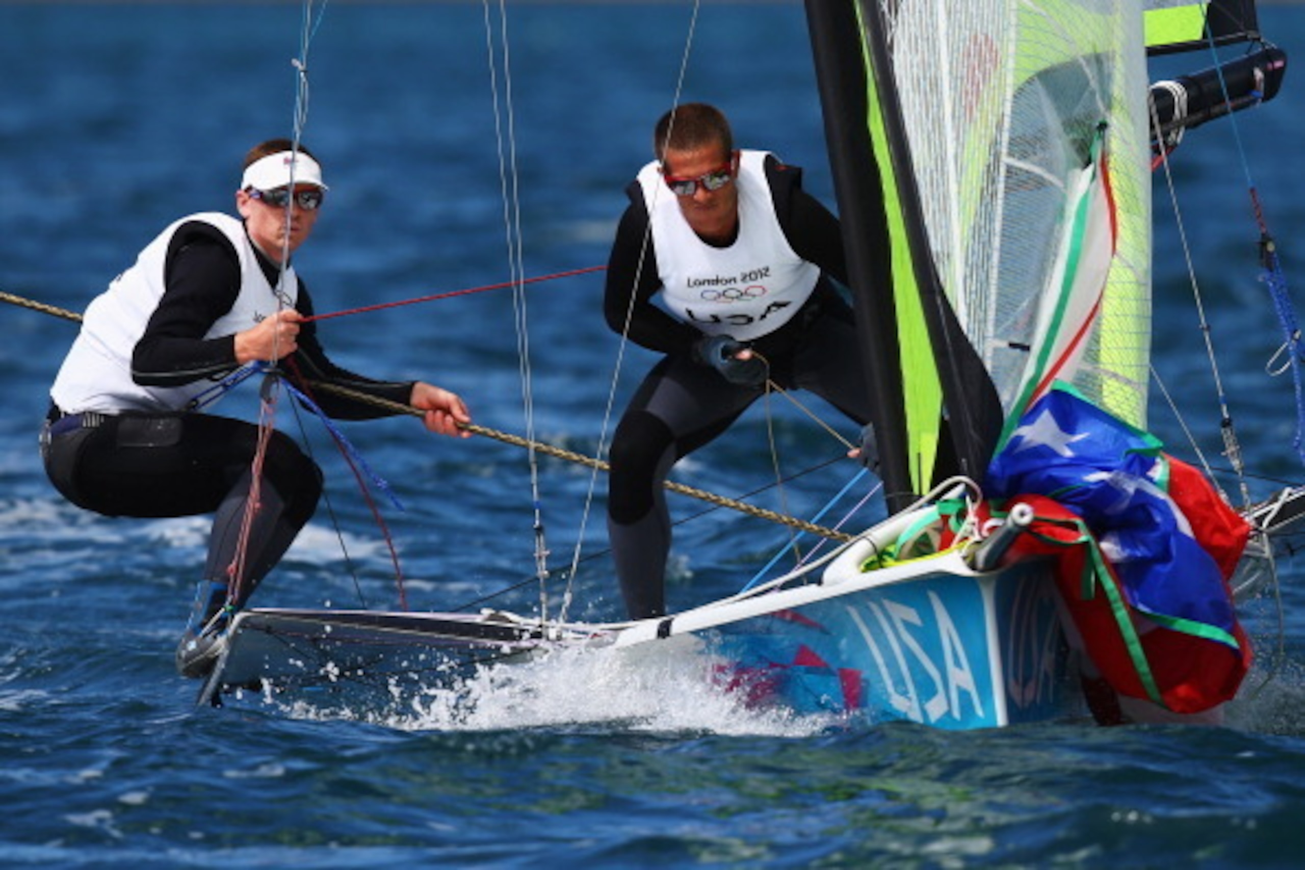 WEYMOUTH, ENGLAND - JULY 30:  Erik Storck and Trevor Moore of the United States compete in the Men's 49er Sailing on Day 3 of the London 2012 Olympic Games at Weymouth Harbour on July 30, 2012 in Weymouth, England.  (Photo by Clive Mason/Getty Images)