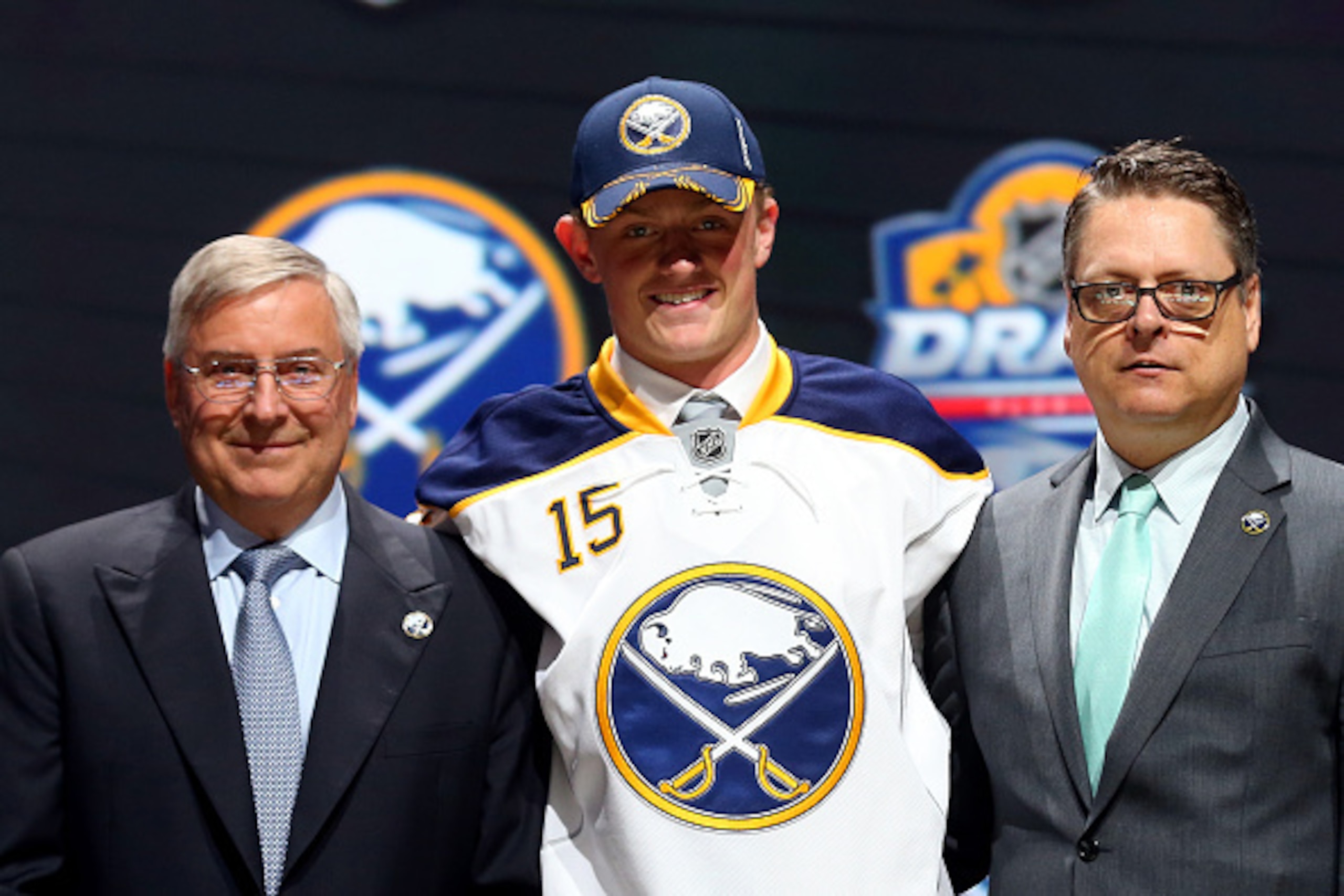 SUNRISE, FL - JUNE 26:  Jack Eichel poses on stage after being selected second overall by the Buffalo Sabres in the first round of the 2015 NHL Draft at BB&T Center on June 26, 2015 in Sunrise, Florida.  (Photo by Bruce Bennett/Getty Images)