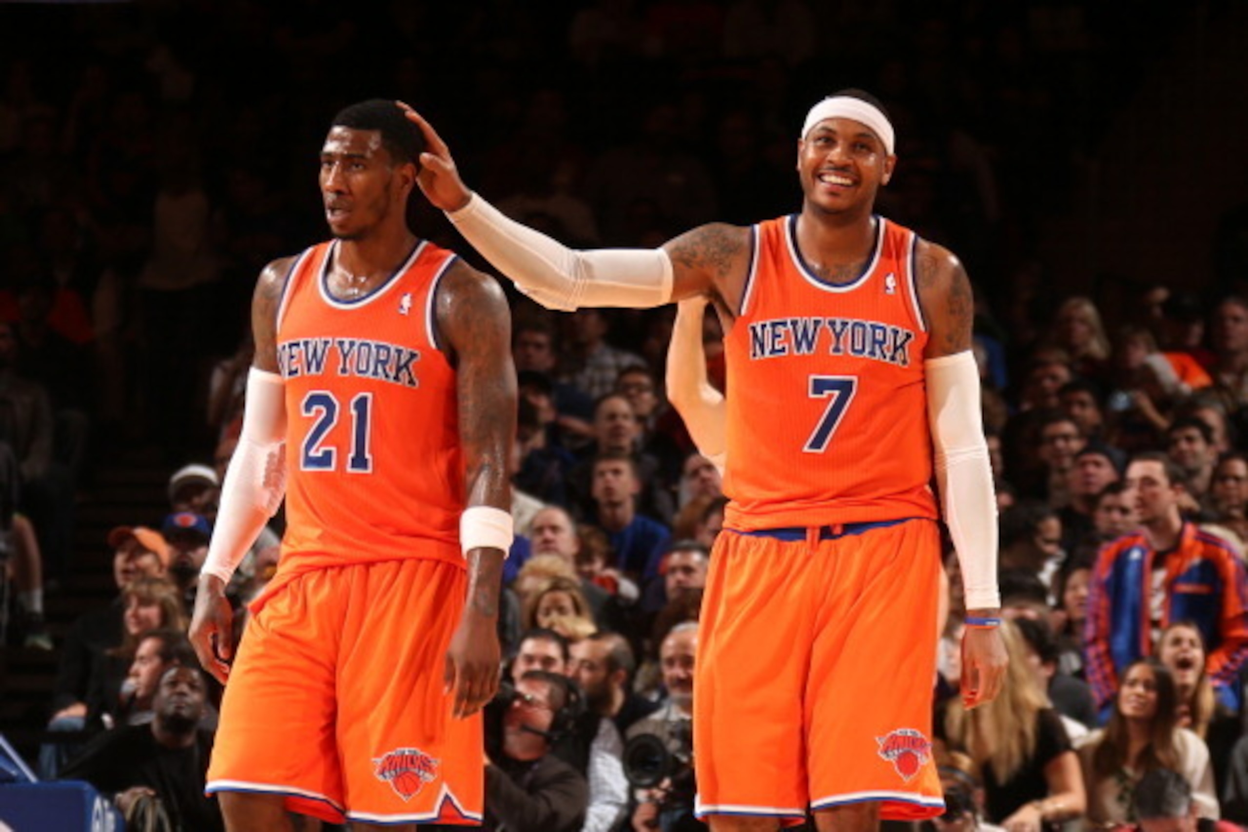 NEW YORK, NY - NOVEMBER 16: Teammates Iman Shumpert #21 of the New York Knicks and Carmelo Anthony #7 of the New York Knicks during a game against the Atlanta Hawks at Madison Square Garden in New York City on November 16, 2013.  NOTE TO USER: User expres