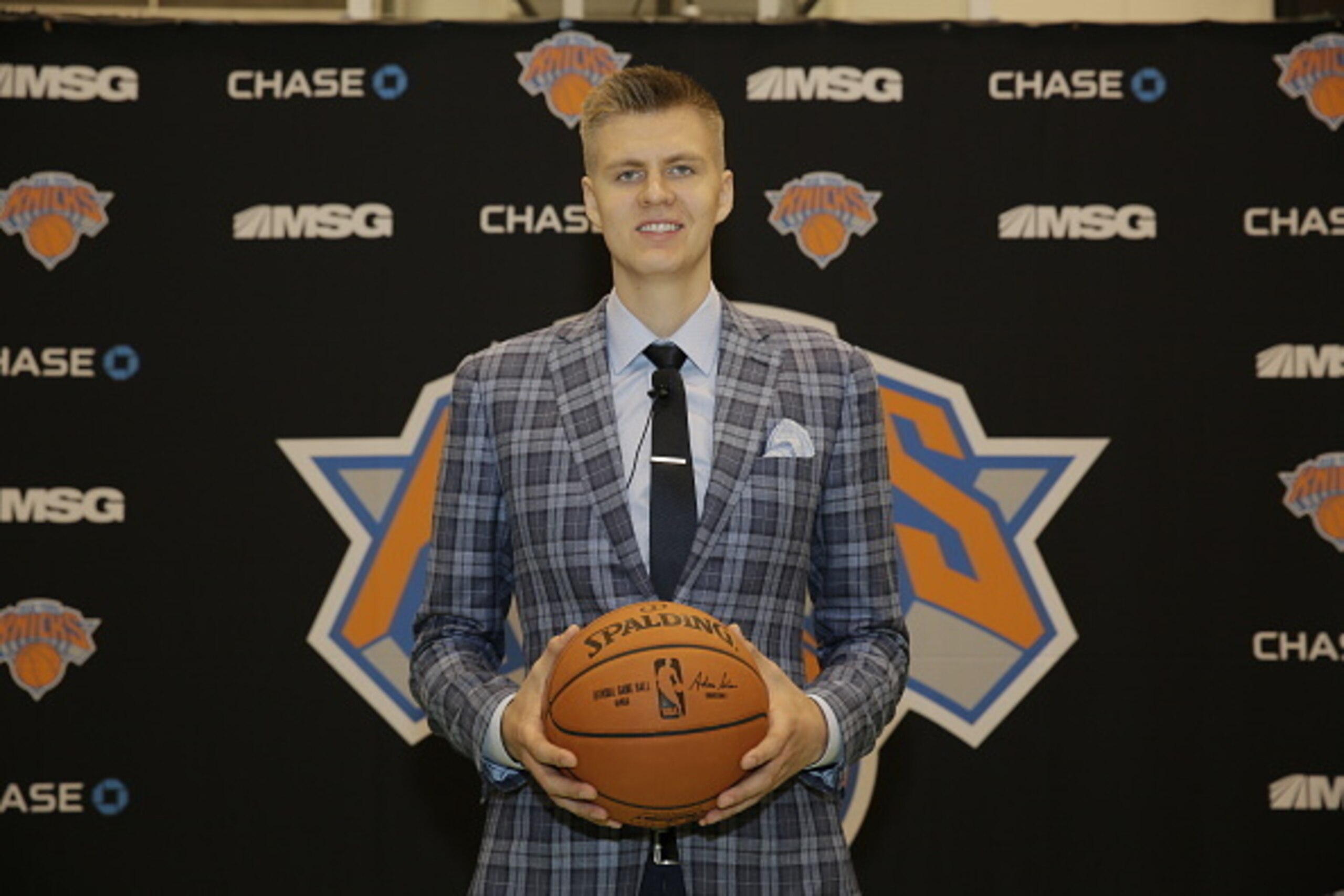 TARRYTOWN, NY - JUNE 26: Kristaps Porzingis, first round Draft pick of the New York Knicks poses for a portrait at the Madison Square Garden Training Facility on June 26, 2015 in Tarrytown, New York. NOTE TO USER: User expressly acknowledges and agrees th